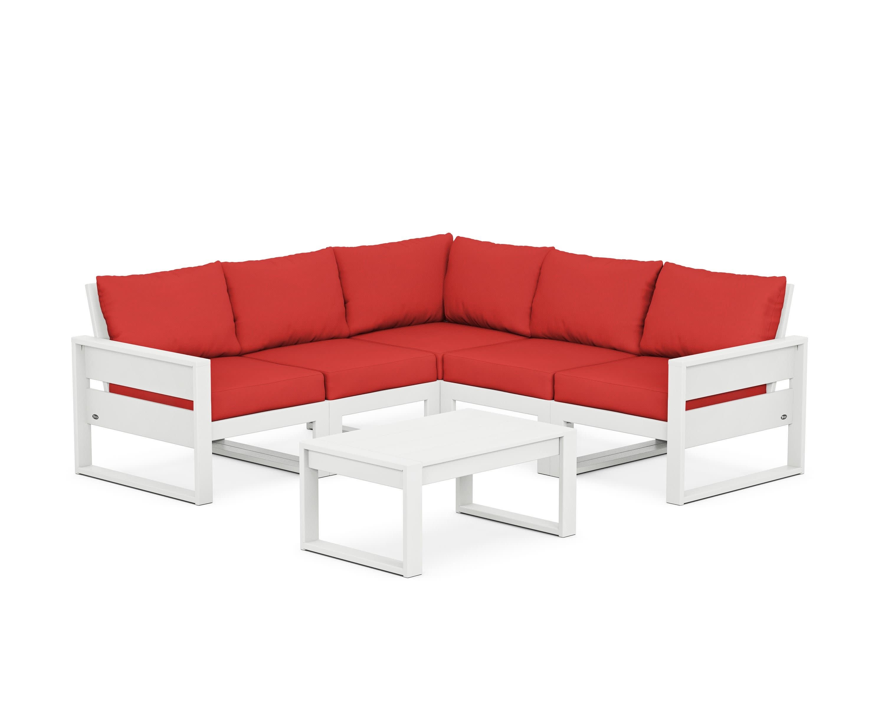 Eastport 6-Piece Deep Seating Sectional + Coffee Table Set in Classic White / Crimson Linen