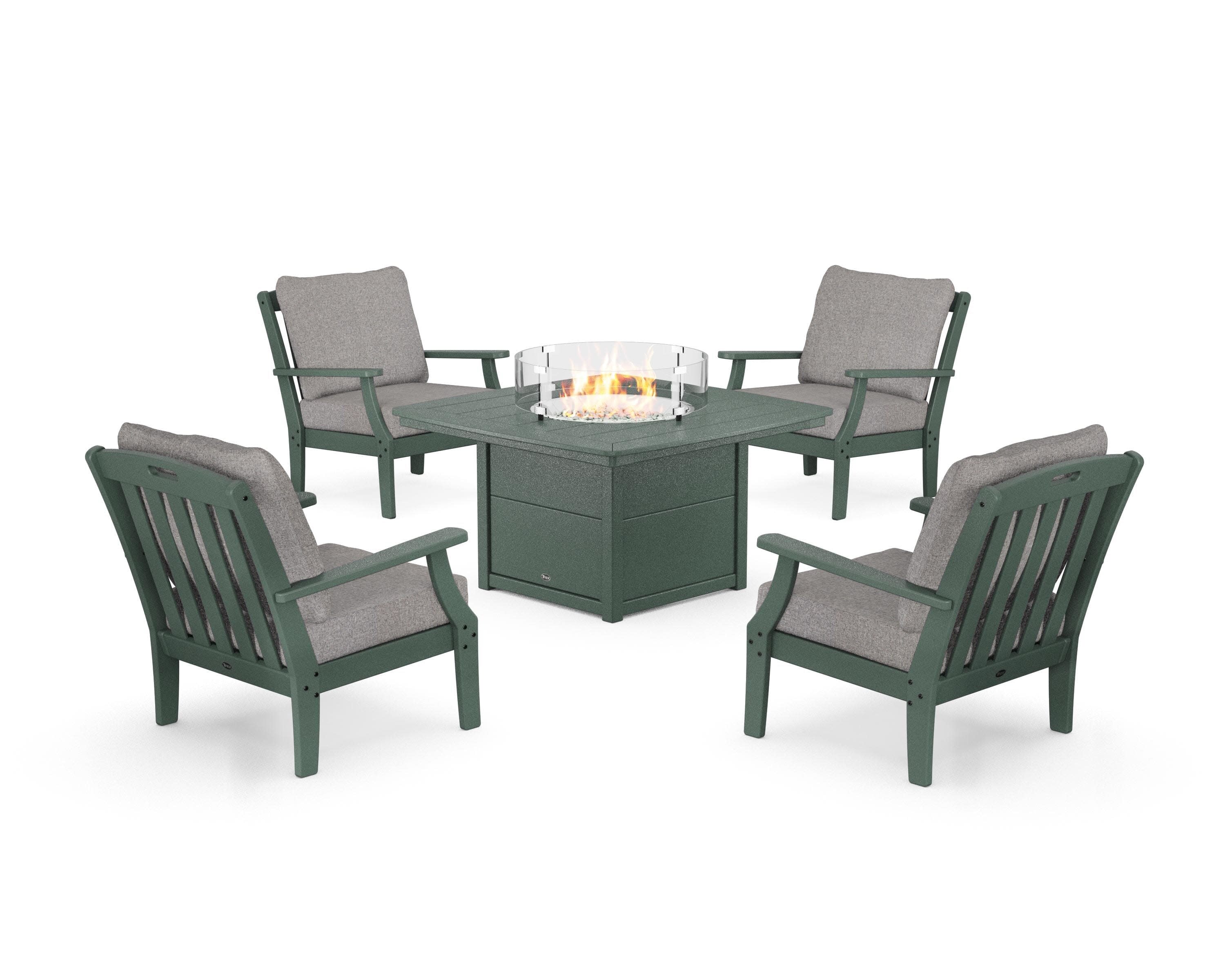 Yacht Club 5-Piece Deep Seating Set with Fire Pit Table in Rainforest Canopy / Grey Mist