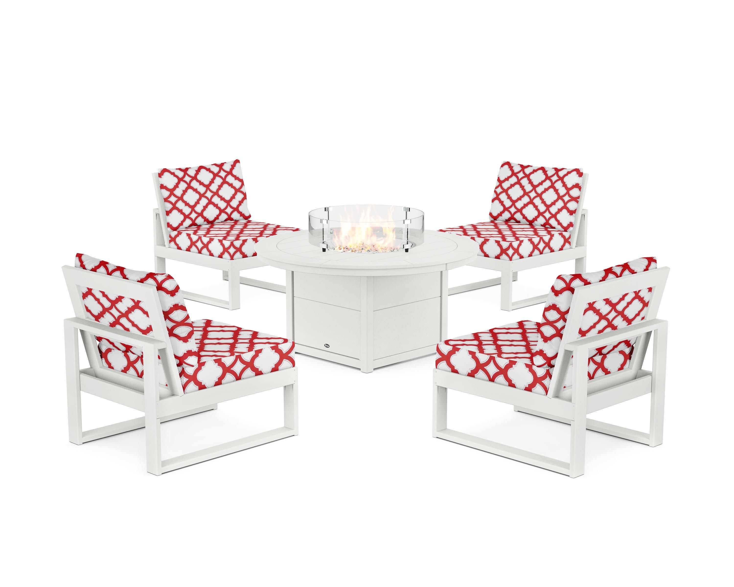 Eastport Modular 5-Piece Deep Seating Set with Round Fire Pit Table in Classic White / Trellis Crimson