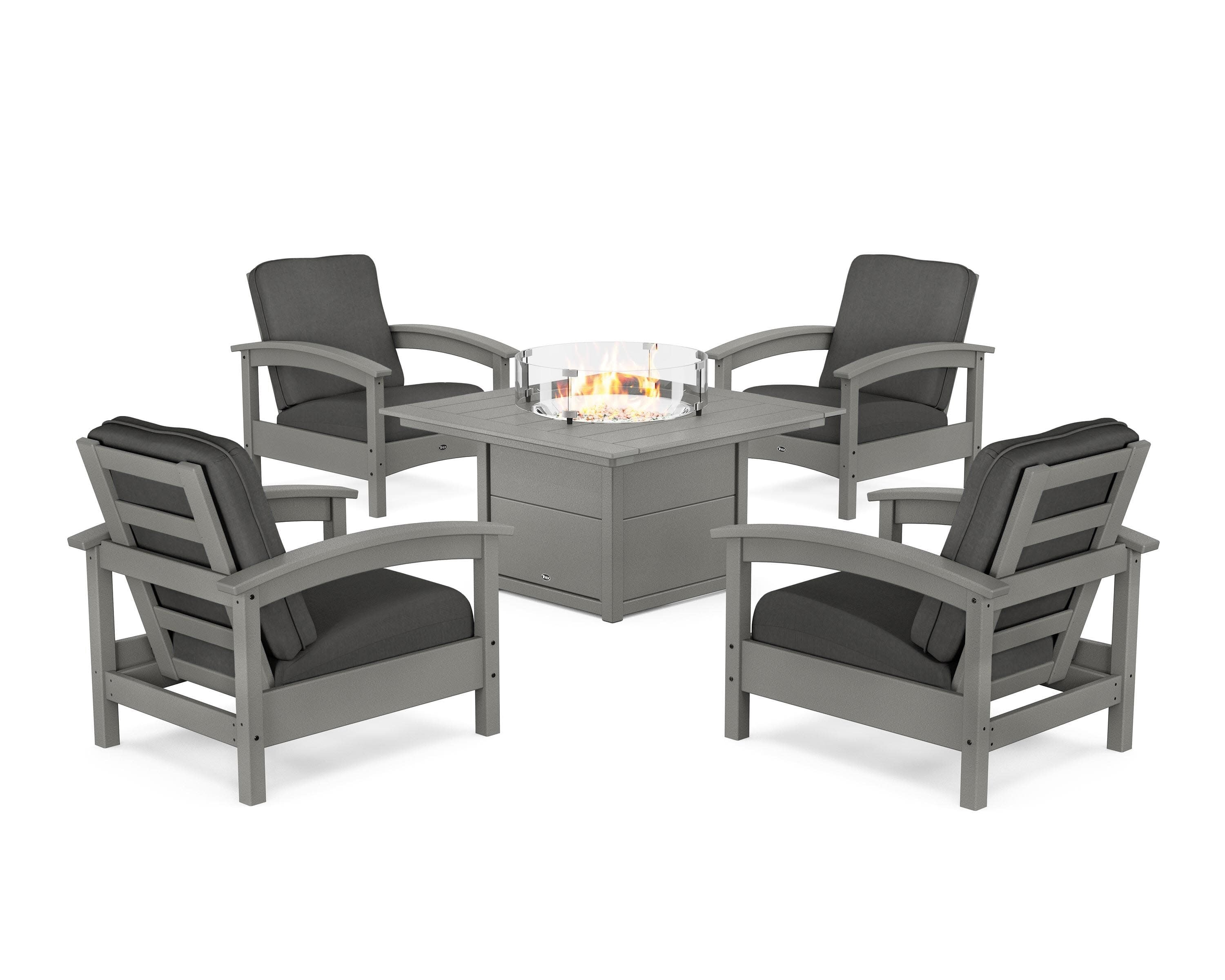 Rockport 5-Piece Deep Seating Set with Square Fire Pit Table in Stepping Stone / Spectrum Carbon
