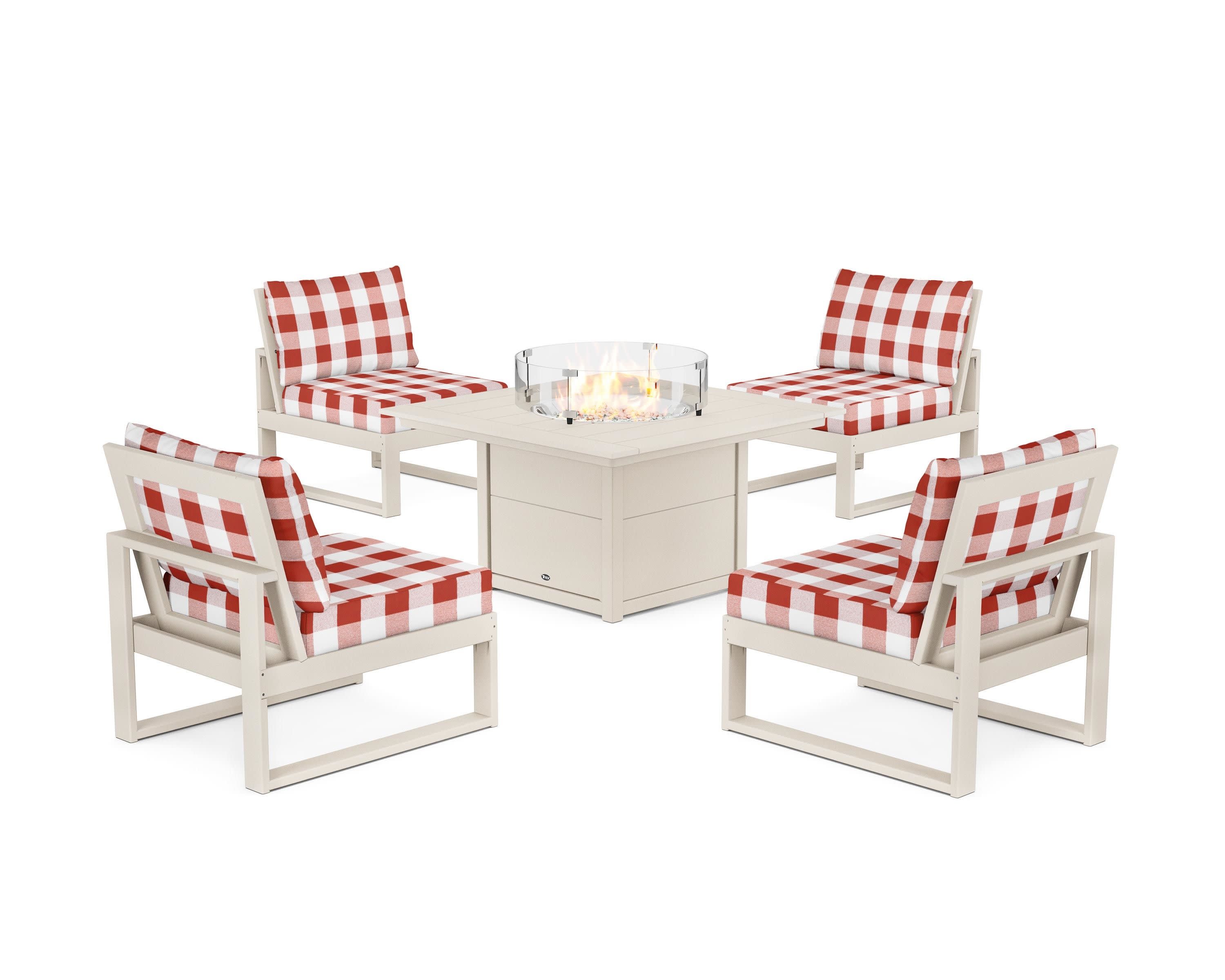 Eastport Modular 5-Piece Deep Seating Set with Square Fire Pit Table in Sand Castle / Buffalo Plaid Crimson