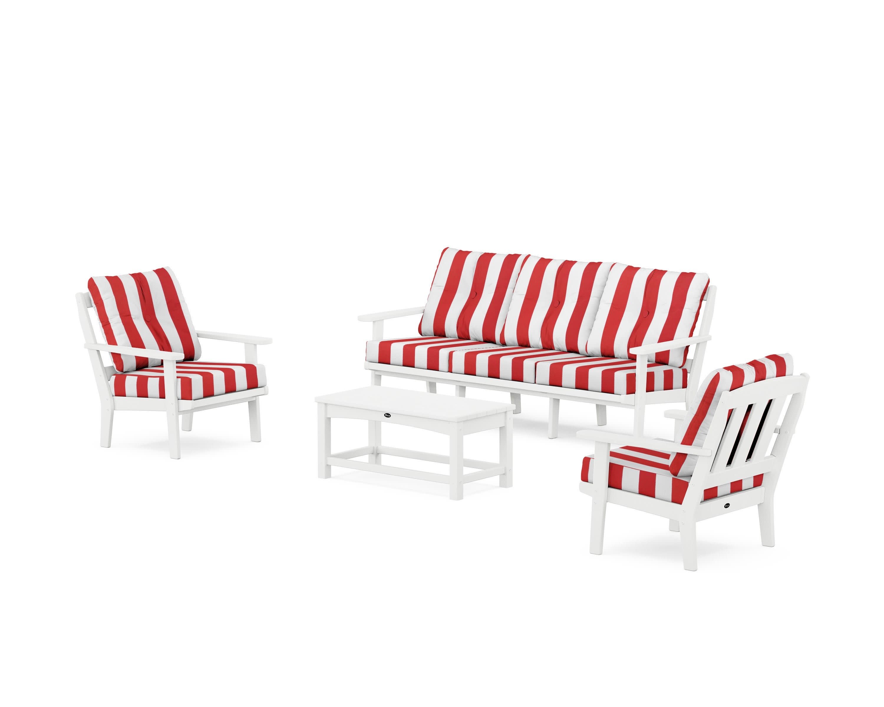 Cape Cod 4-Piece Deep Seating Set with Sofa in Classic White / Cabana Stripe Crimson
