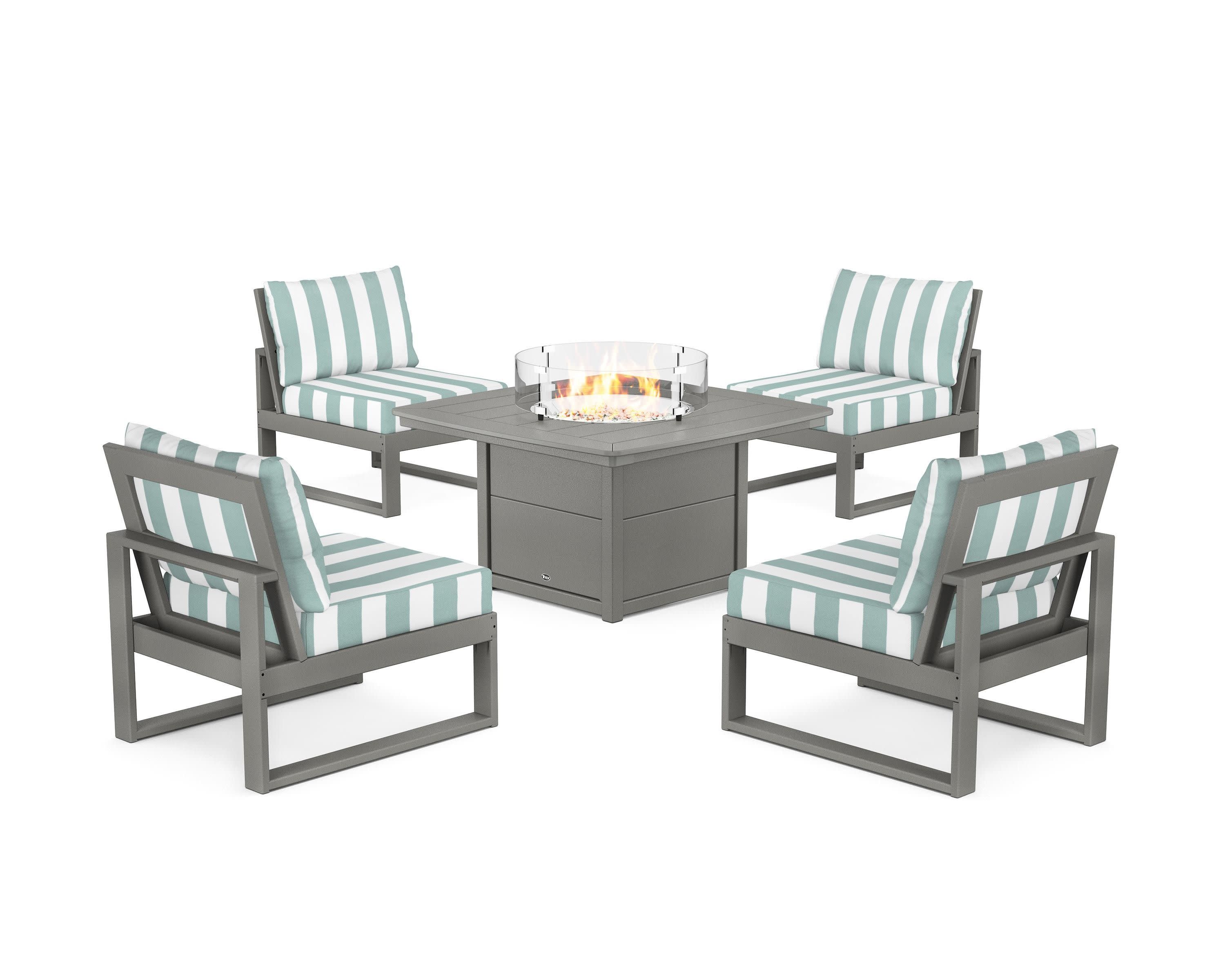 Eastport Modular 5-Piece Deep Seating Set with Yacht Club Fire Pit Table in Stepping Stone / Cabana Stripe Glacier Spa