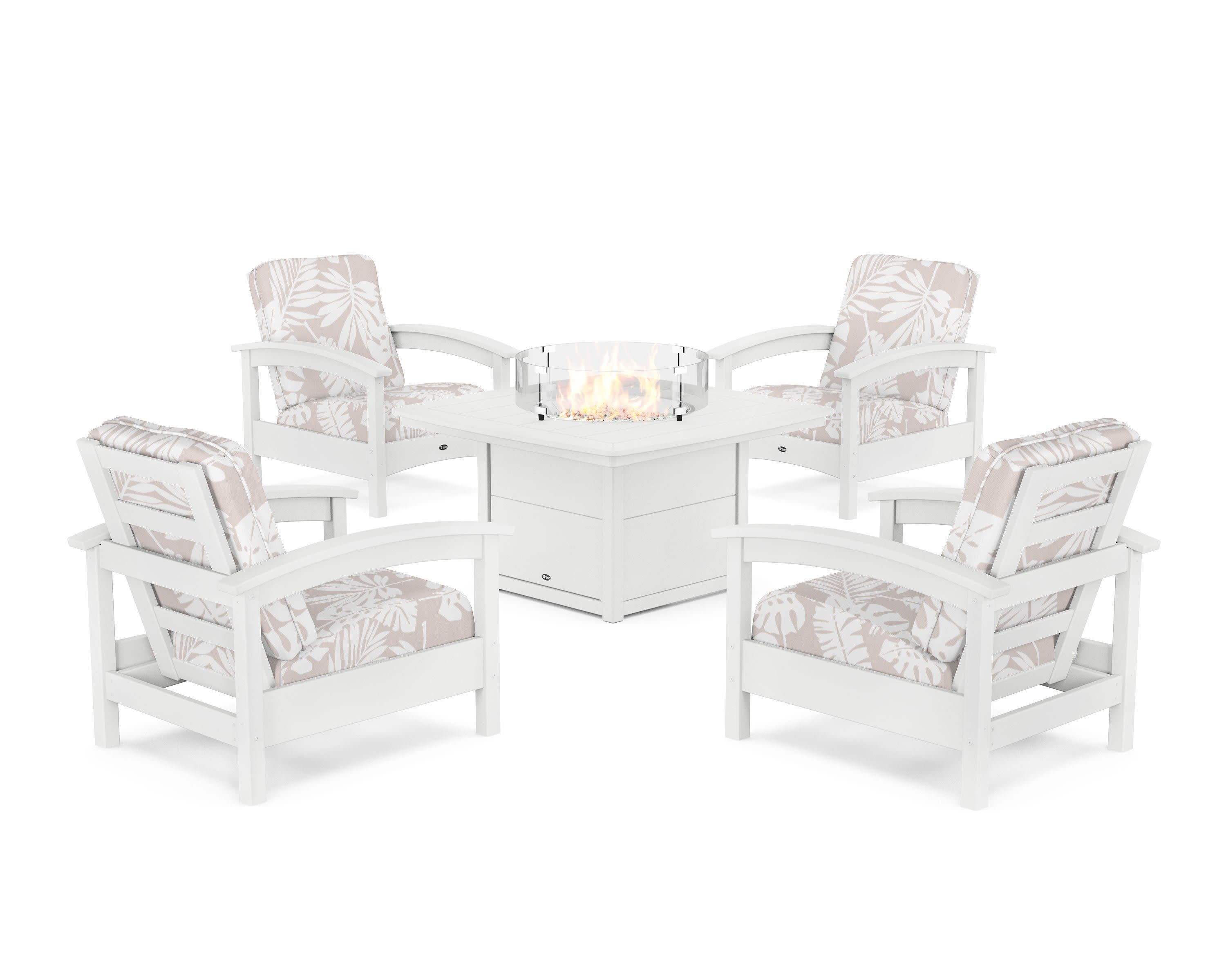 Rockport 5-Piece Deep Seating Set with Yacht Club Fire Pit Table in Classic White / Leaf Dune Burlap