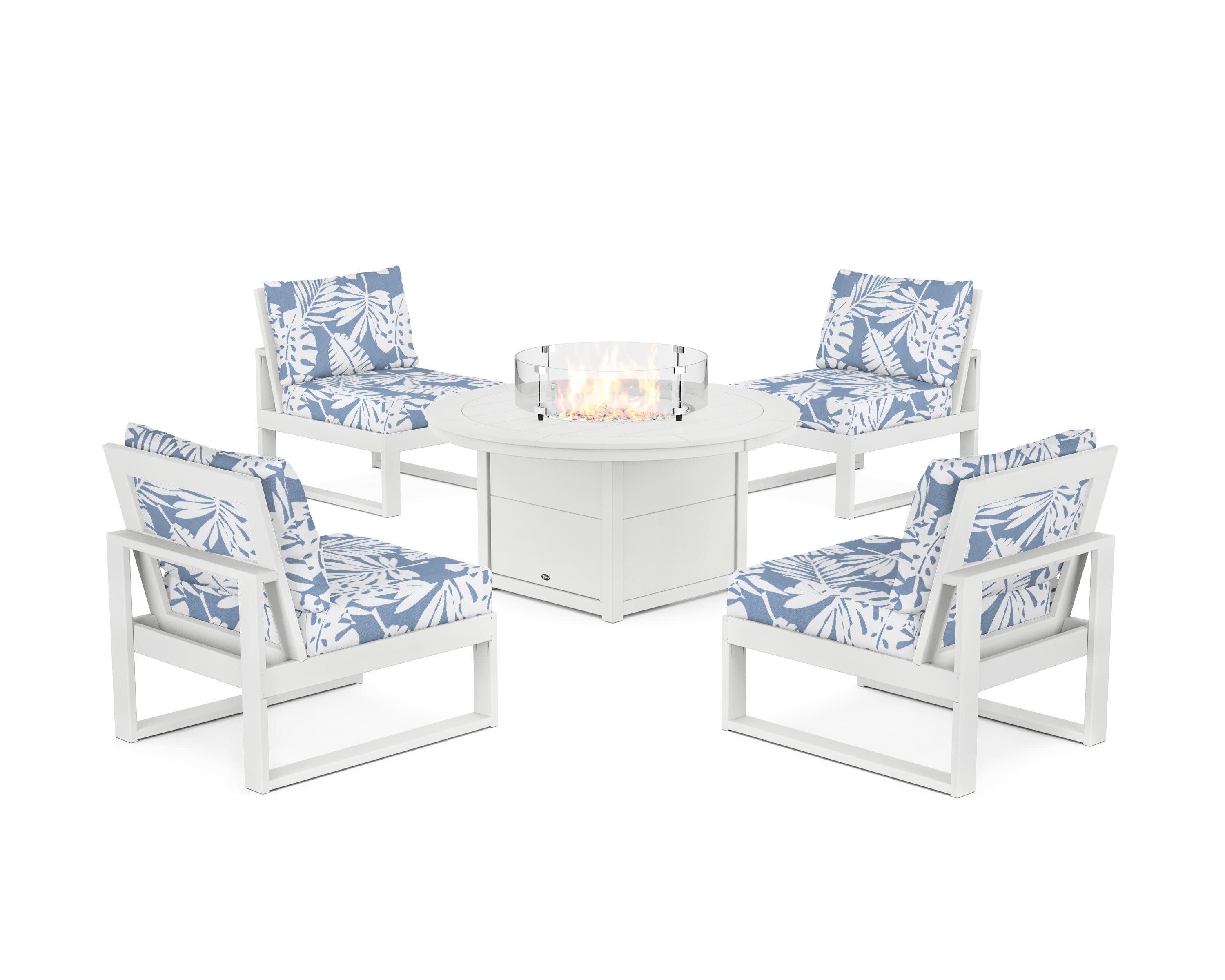 Eastport Modular 5-Piece Deep Seating Set with Round Fire Pit Table in Classic White / Leaf Sky Blue