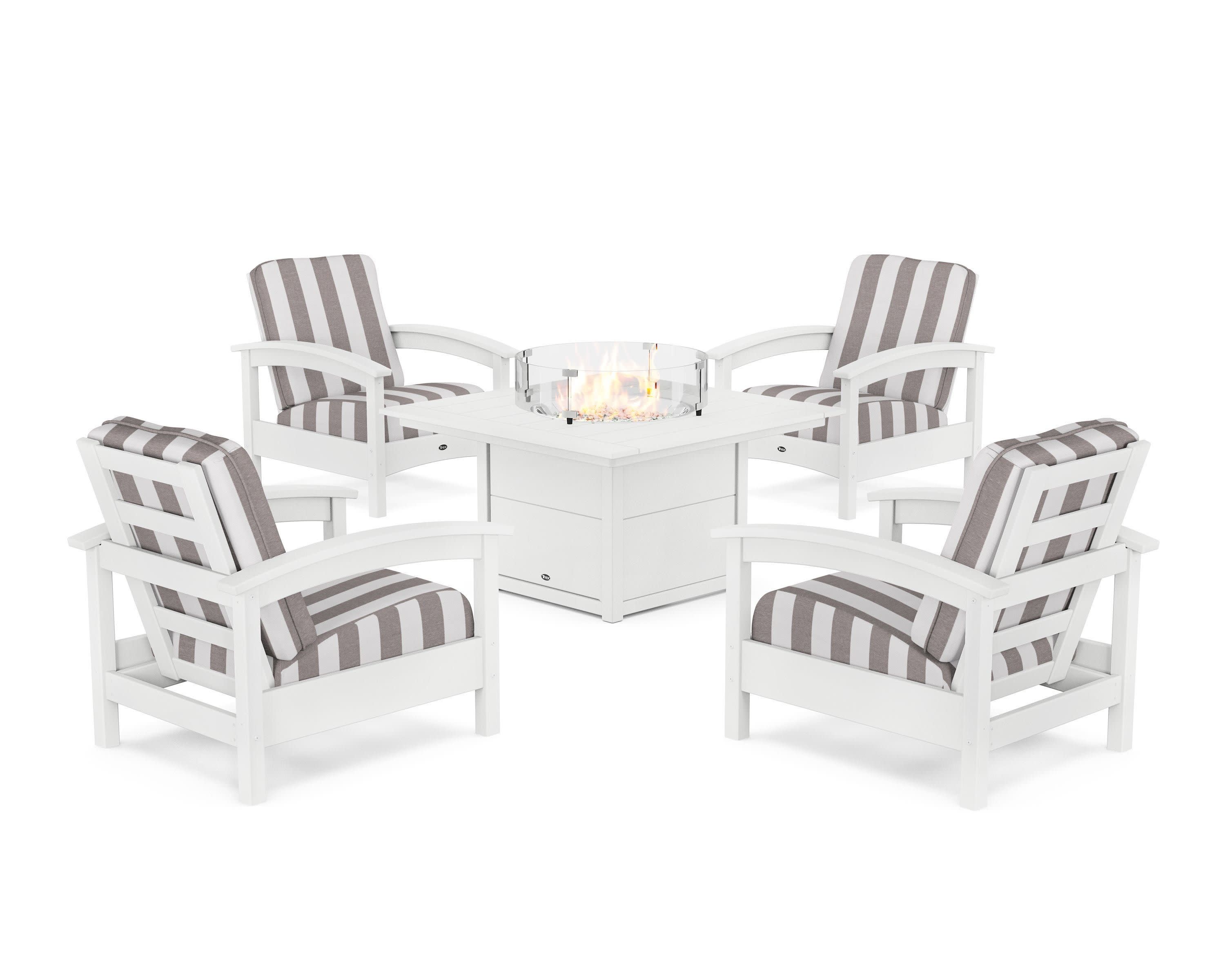 Rockport 5-Piece Deep Seating Set with Square Fire Pit Table in Classic White / Cabana Stripe Grey Mist