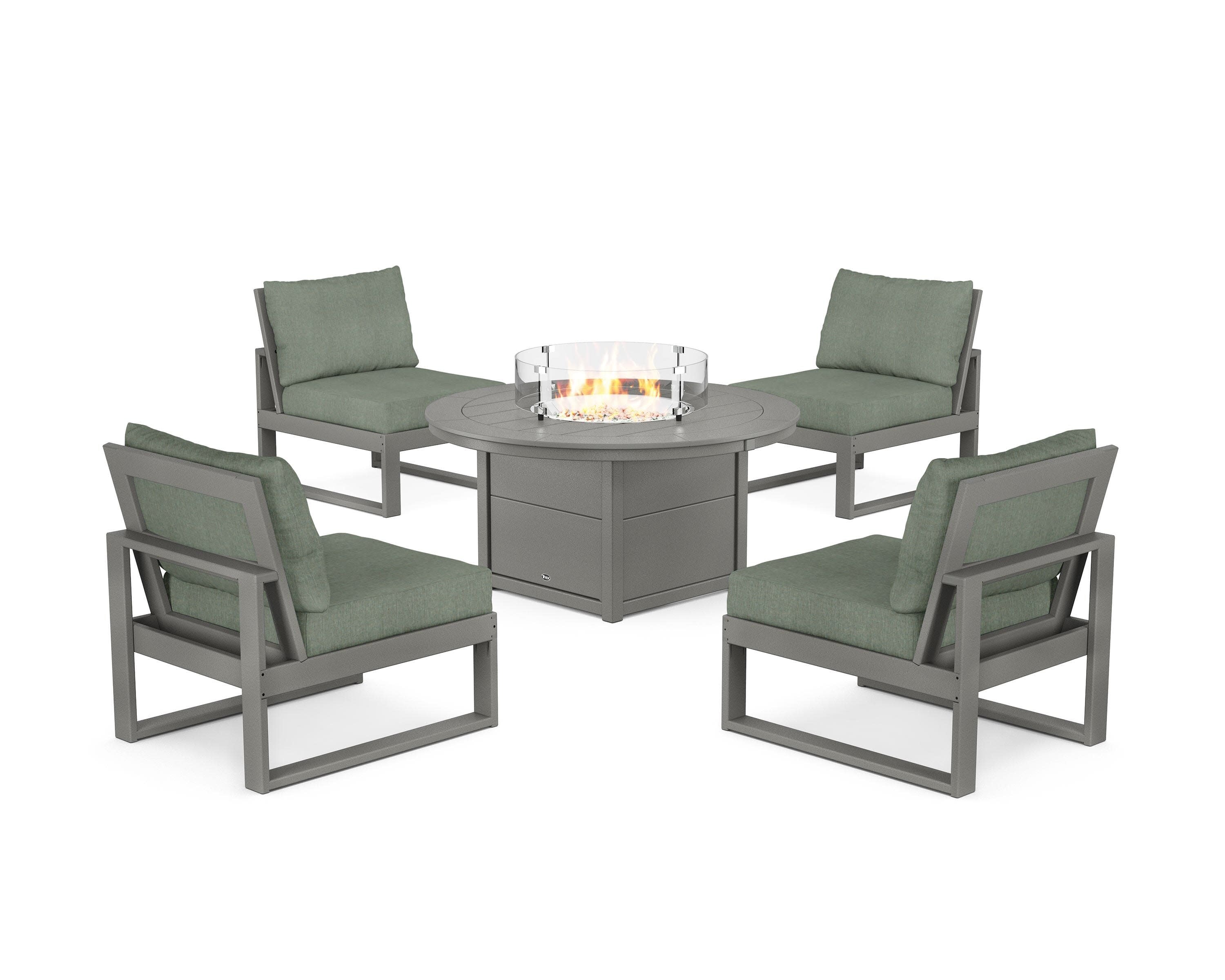 Eastport Modular 5-Piece Deep Seating Set with Round Fire Pit Table in Stepping Stone / Cast Sage