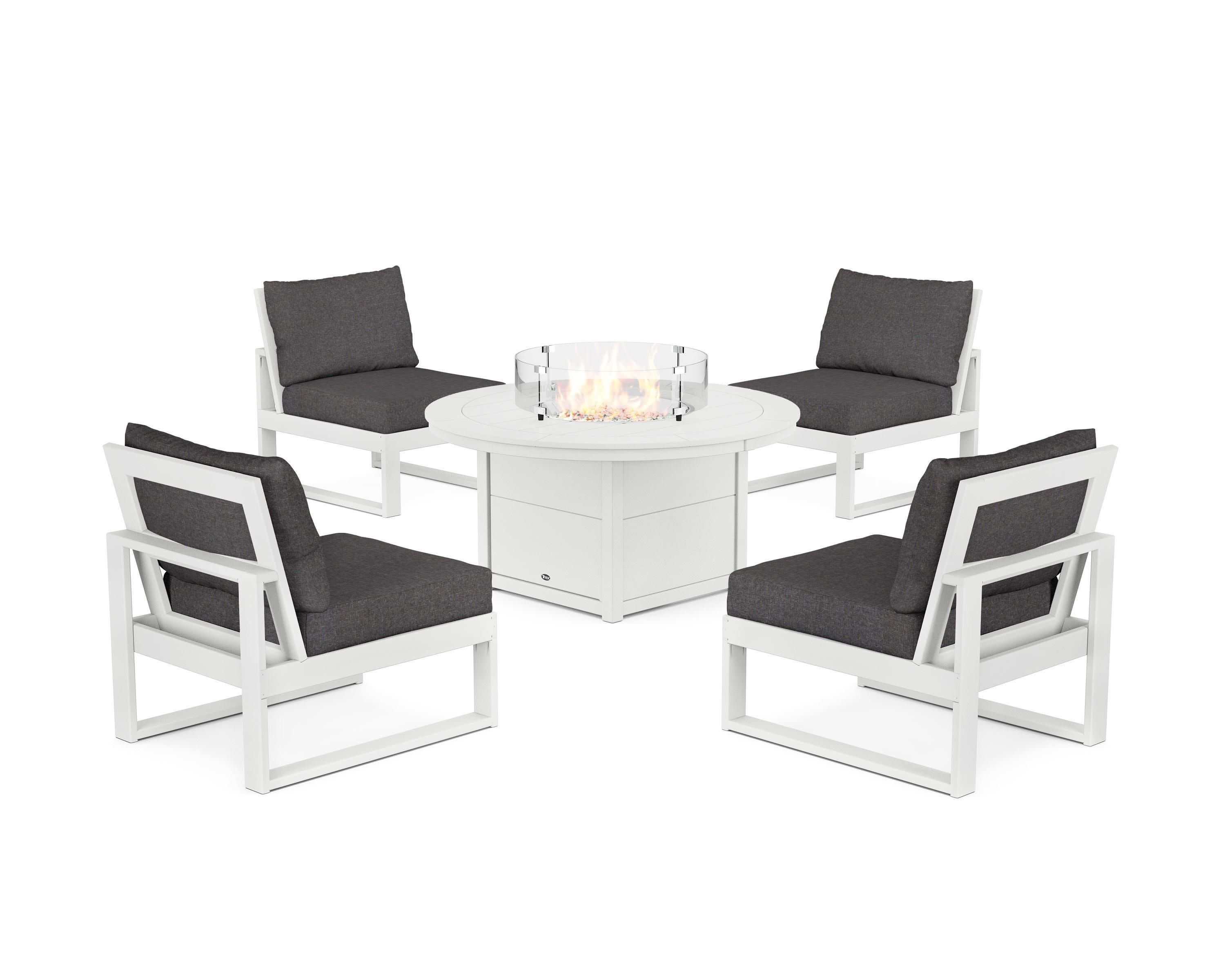 Eastport Modular 5-Piece Deep Seating Set with Round Fire Pit Table in Classic White / Ash Charcoal