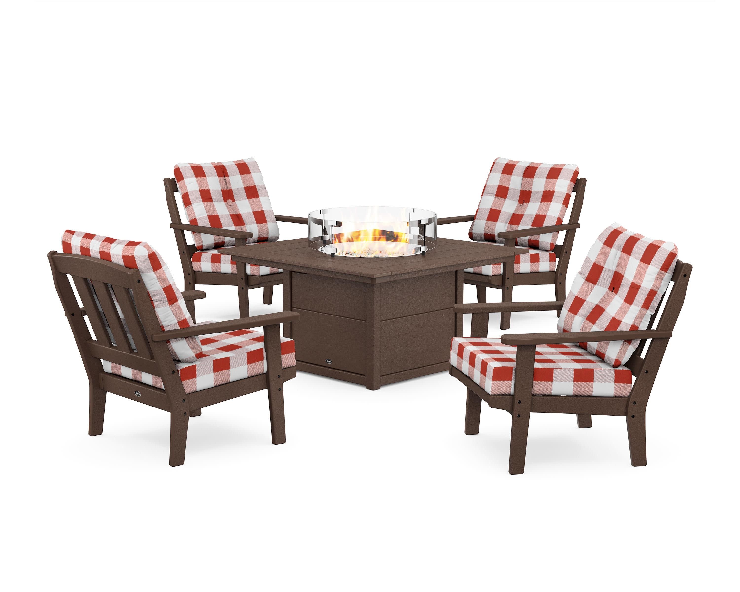 Cape Cod 5-Piece Deep Seating Set with Fire Pit Table in Vintage Lantern / Buffalo Plaid Crimson
