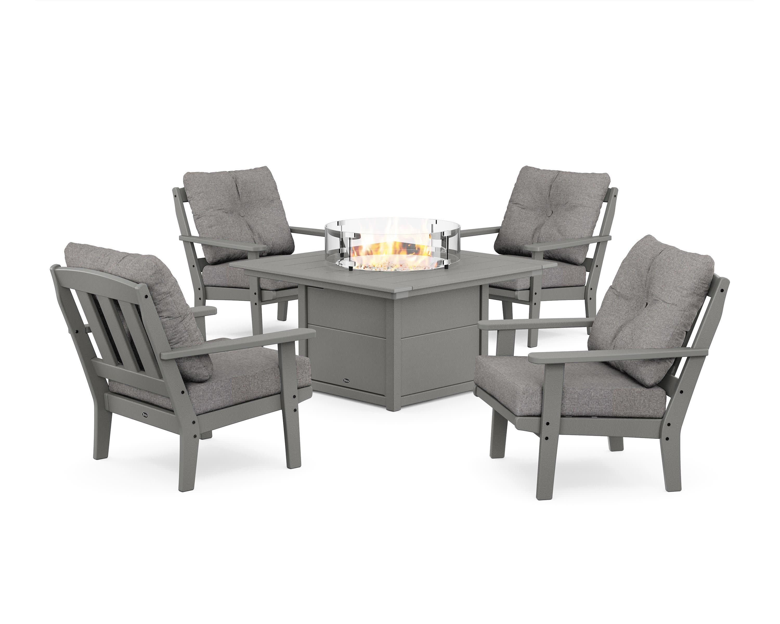 Cape Cod 5-Piece Deep Seating Set with Fire Pit Table in Stepping Stone / Grey Mist