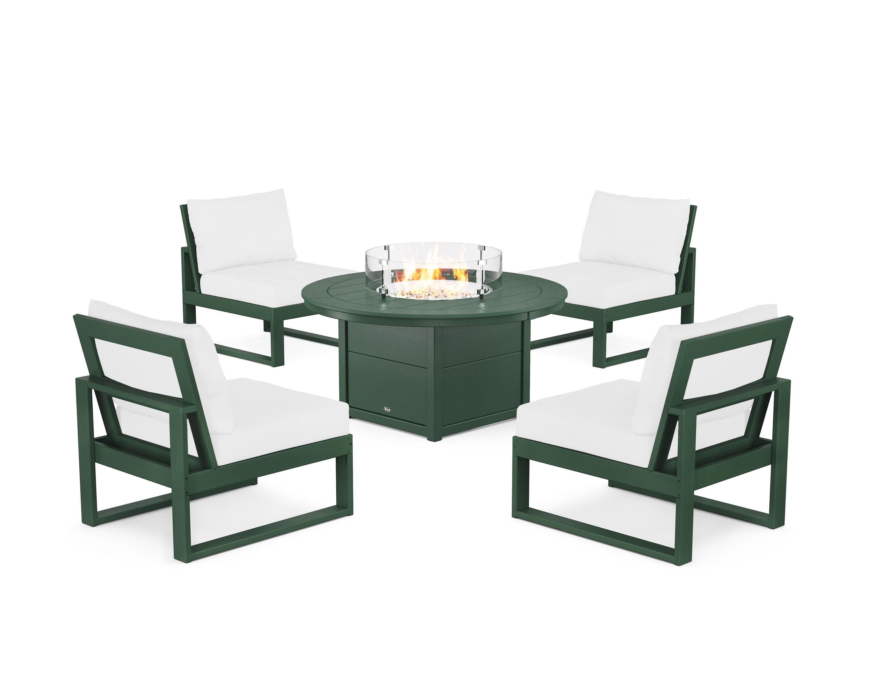 Eastport Modular 5-Piece Deep Seating Set with Round Fire Pit Table in Rainforest Canopy / Natural