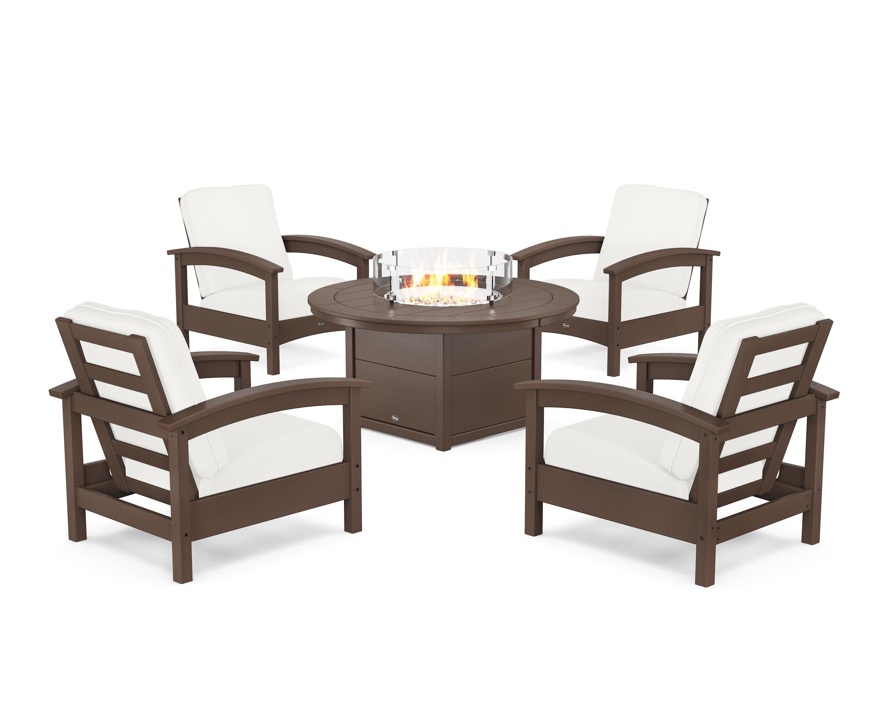 Rockport 5-Piece Deep Seating Set with Round Fire Pit Table in Vintage Lantern / Natural Linen