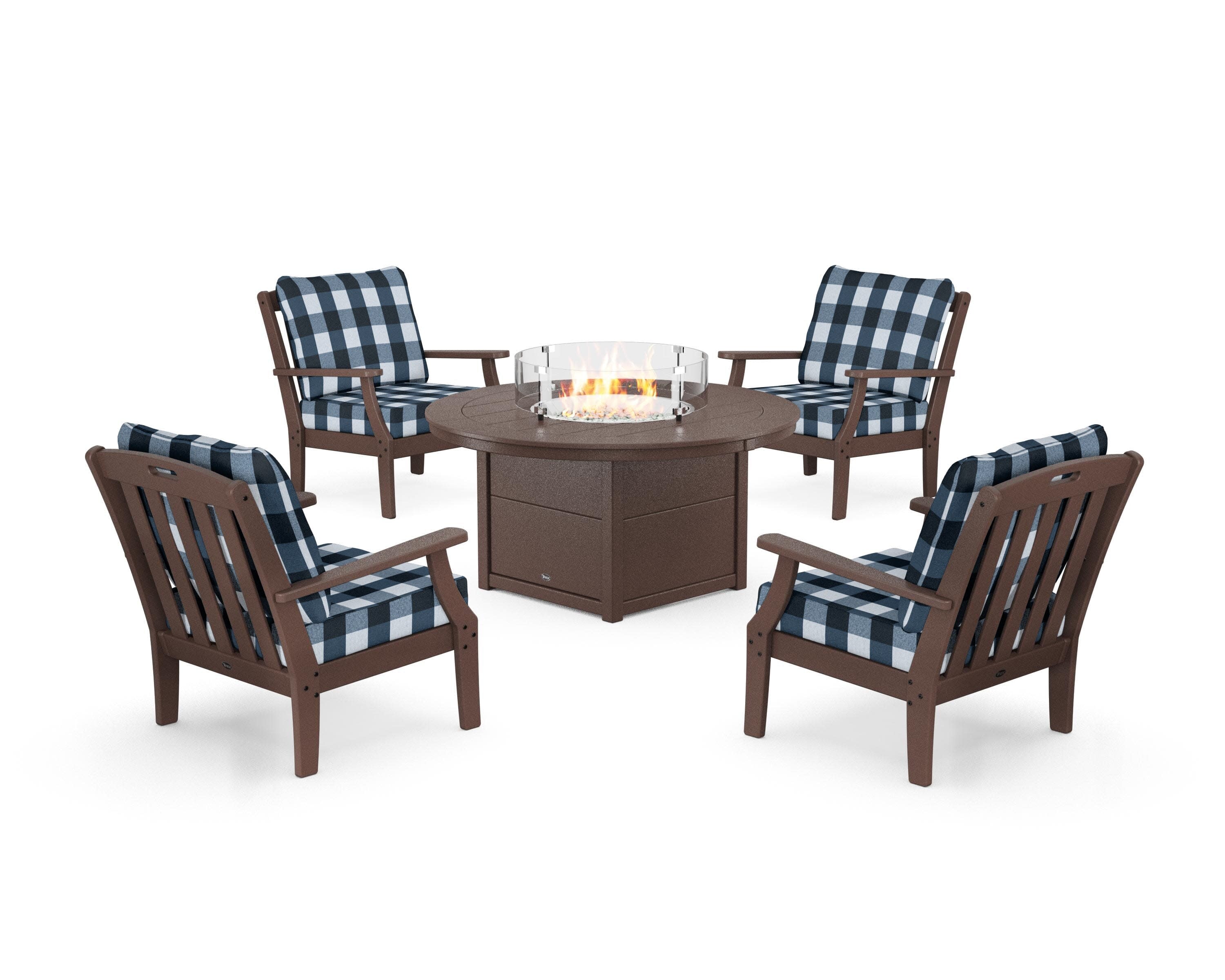 Yacht Club 5-Piece Deep Seating Set with Round Fire Pit Table in Vintage Lantern / Buffalo Plaid Marine Indigo
