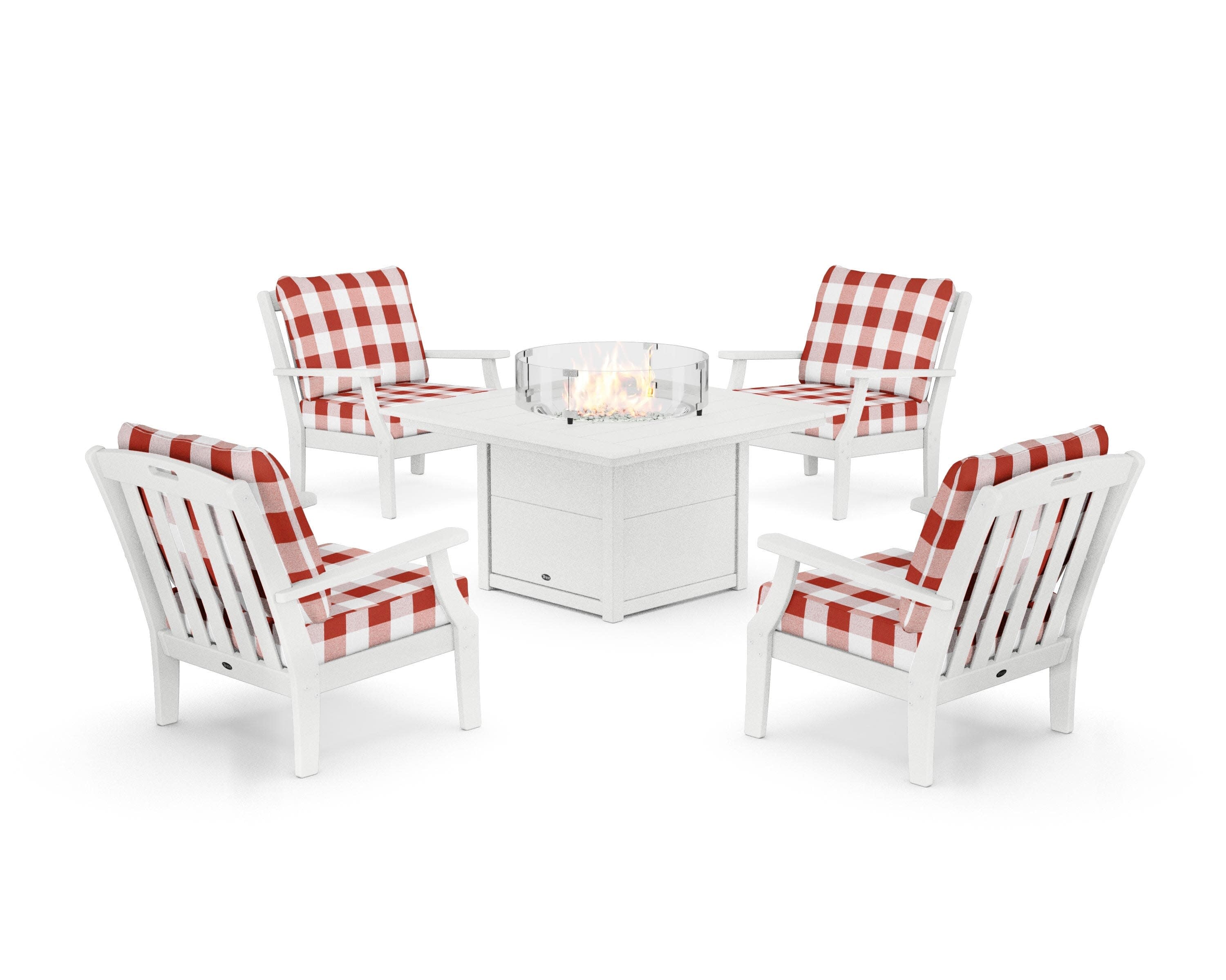 Yacht Club 5-Piece Deep Seating Set with Square Fire Pit Table in Classic White / Buffalo Plaid Crimson