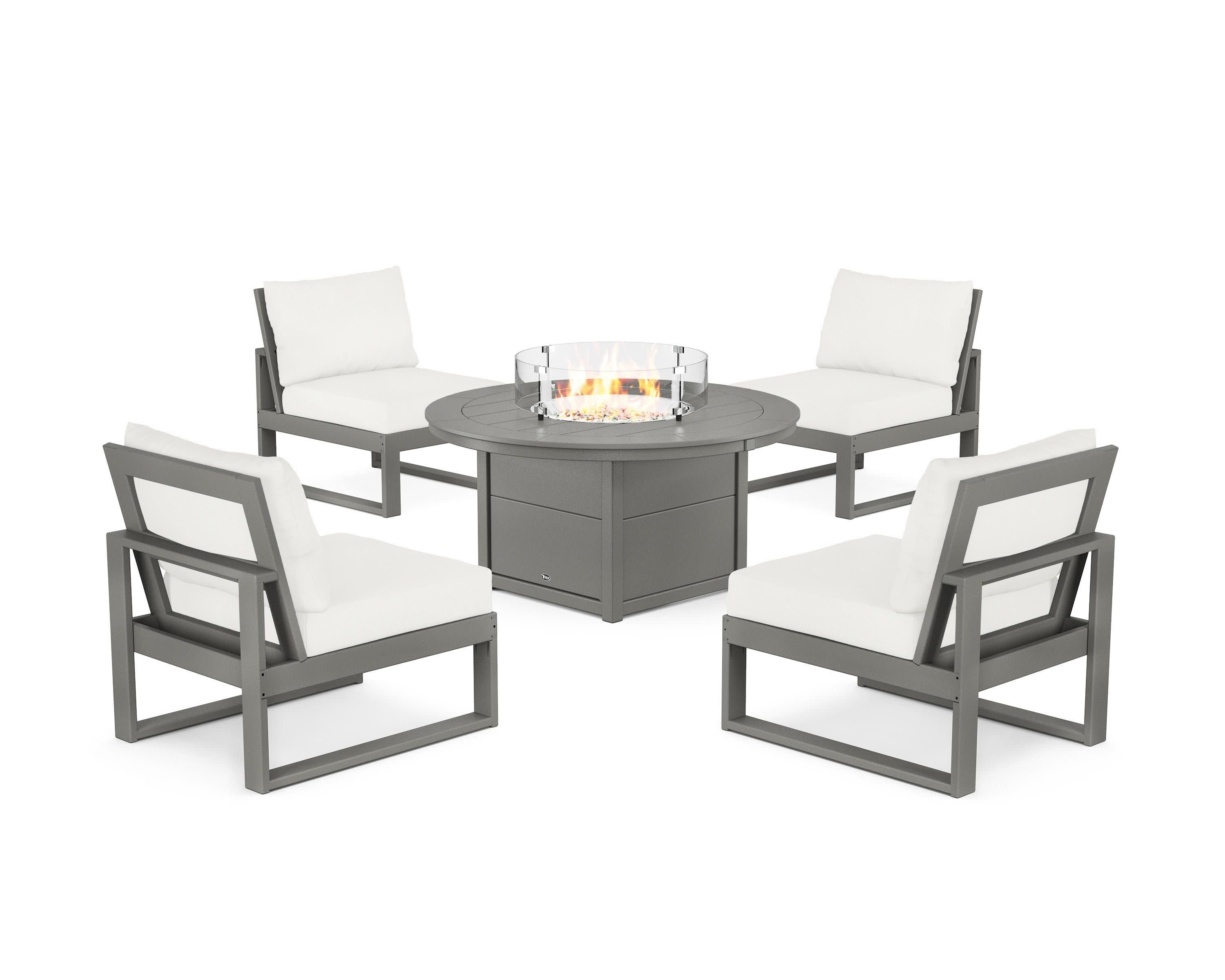 Eastport Modular 5-Piece Deep Seating Set with Round Fire Pit Table in Stepping Stone / Natural Linen
