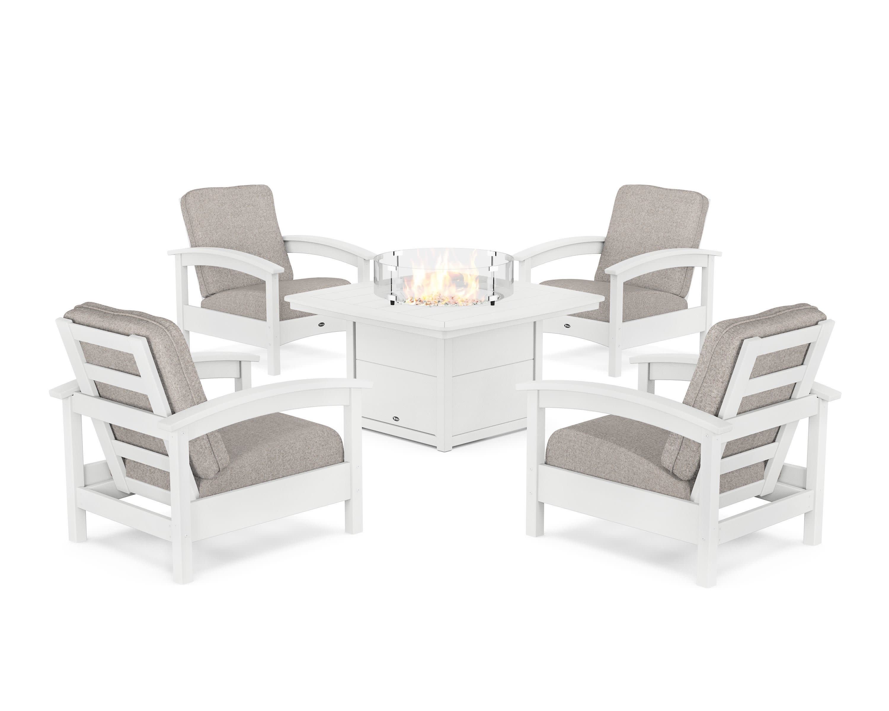 Rockport 5-Piece Deep Seating Set with Yacht Club Fire Pit Table in Classic White / Weathered Tweed