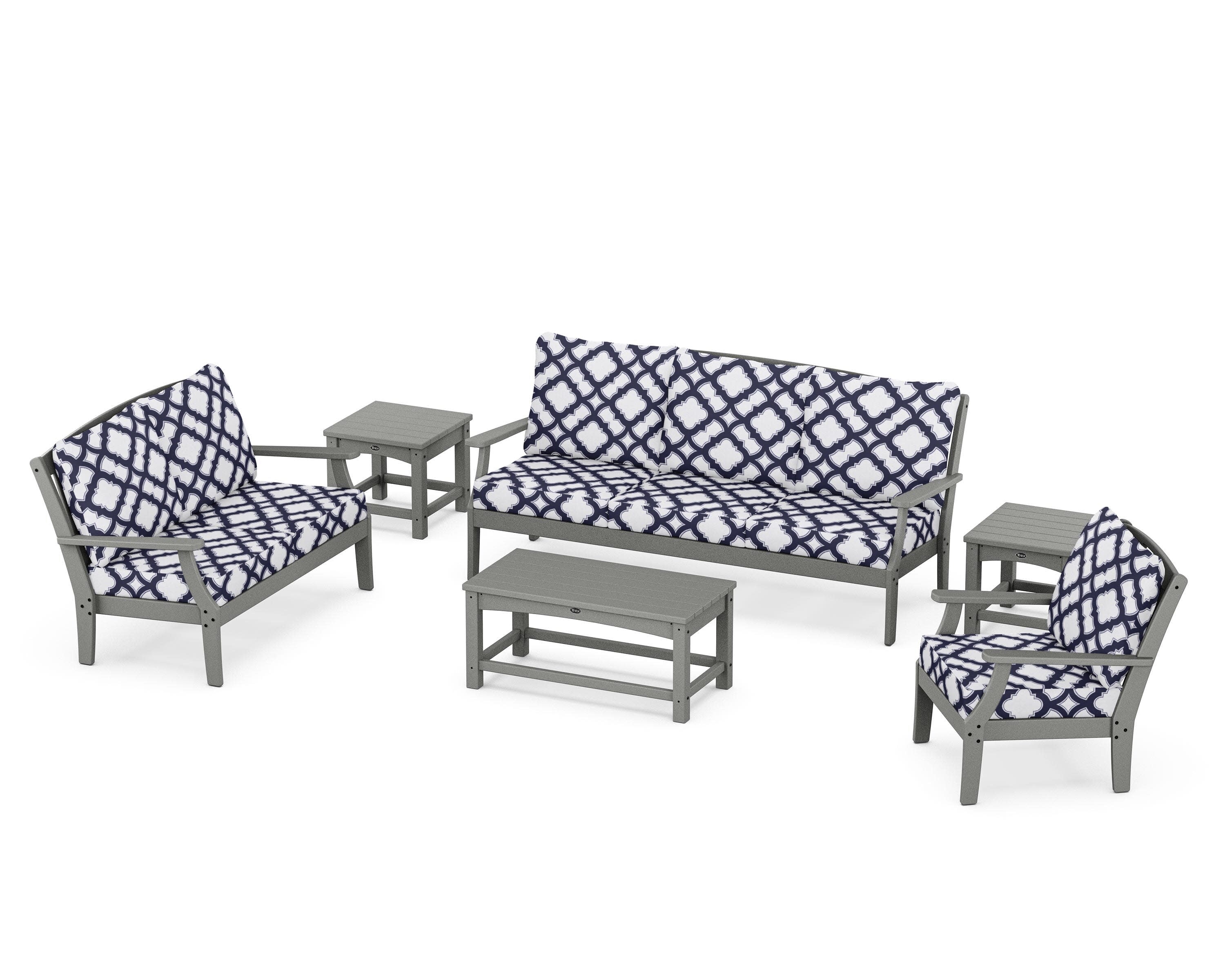 Yacht Club 6-Piece Deep Seating Set in Stepping Stone / Trellis Navy