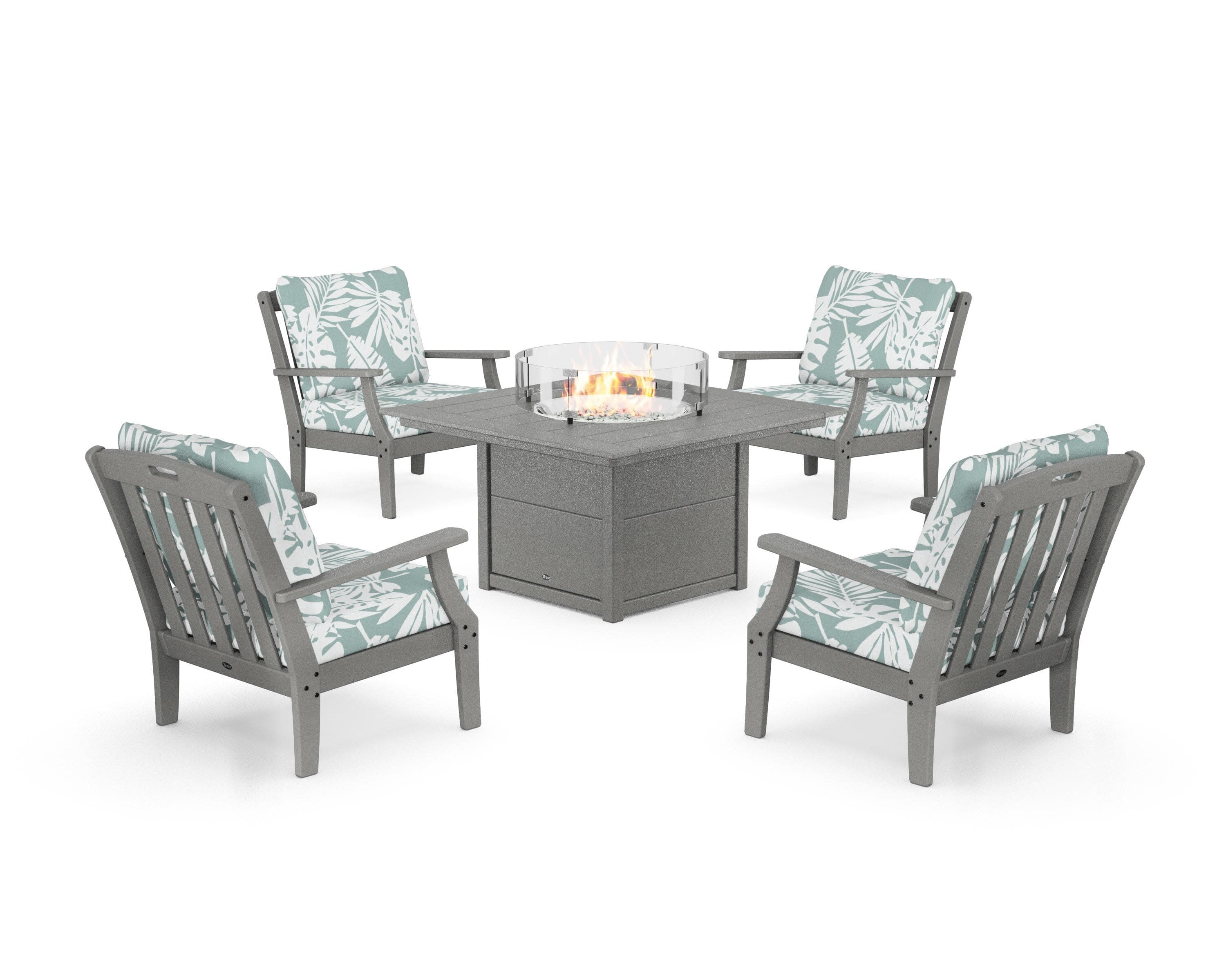 Yacht Club 5-Piece Deep Seating Set with Square Fire Pit Table in Stepping Stone / Leaf Glacier Spa