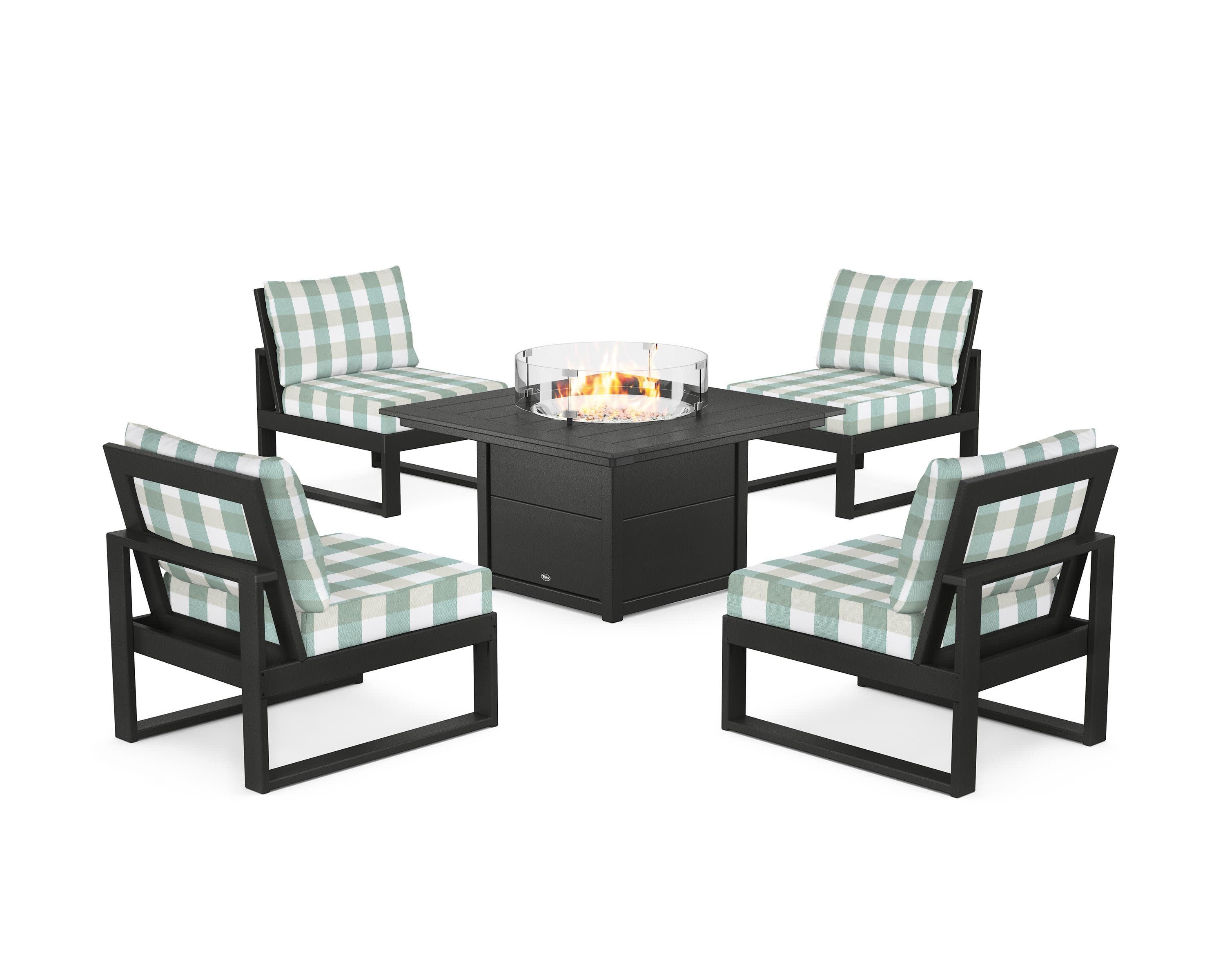 Eastport Modular 5-Piece Deep Seating Set with Square Fire Pit Table in Charcoal Black / Buffalo Plaid Glacier Spa