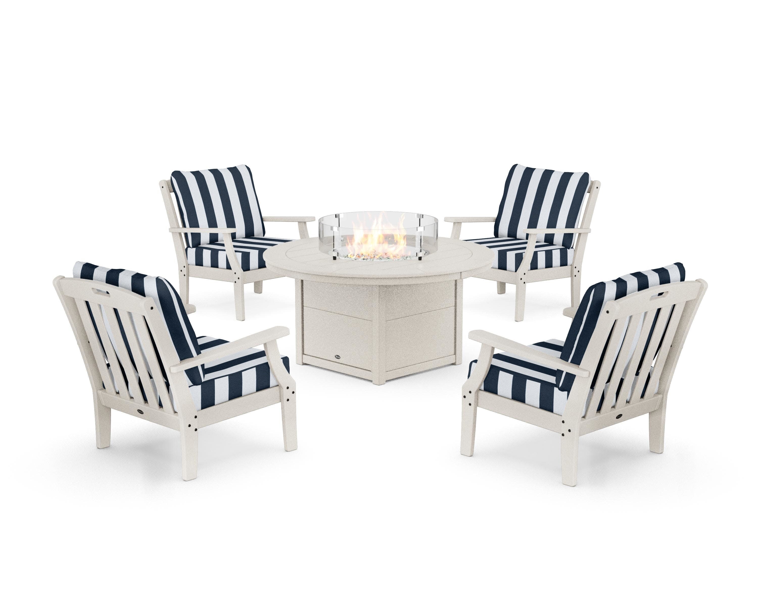 Yacht Club 5-Piece Deep Seating Set with Round Fire Pit Table in Sand Castle / Cabana Stripe Marine Indigo
