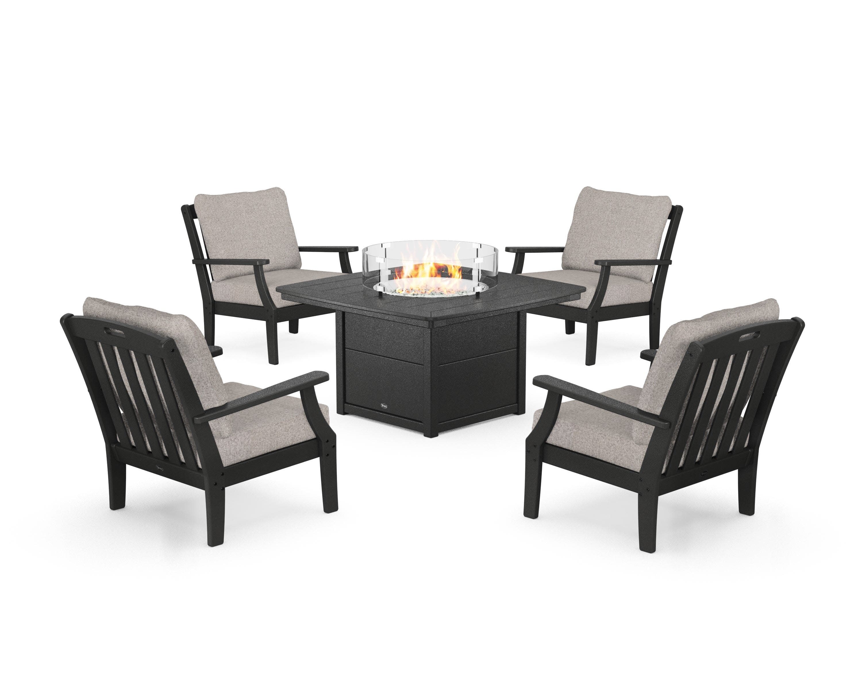 Yacht Club 5-Piece Deep Seating Set with Fire Pit Table in Charcoal Black / Weathered Tweed