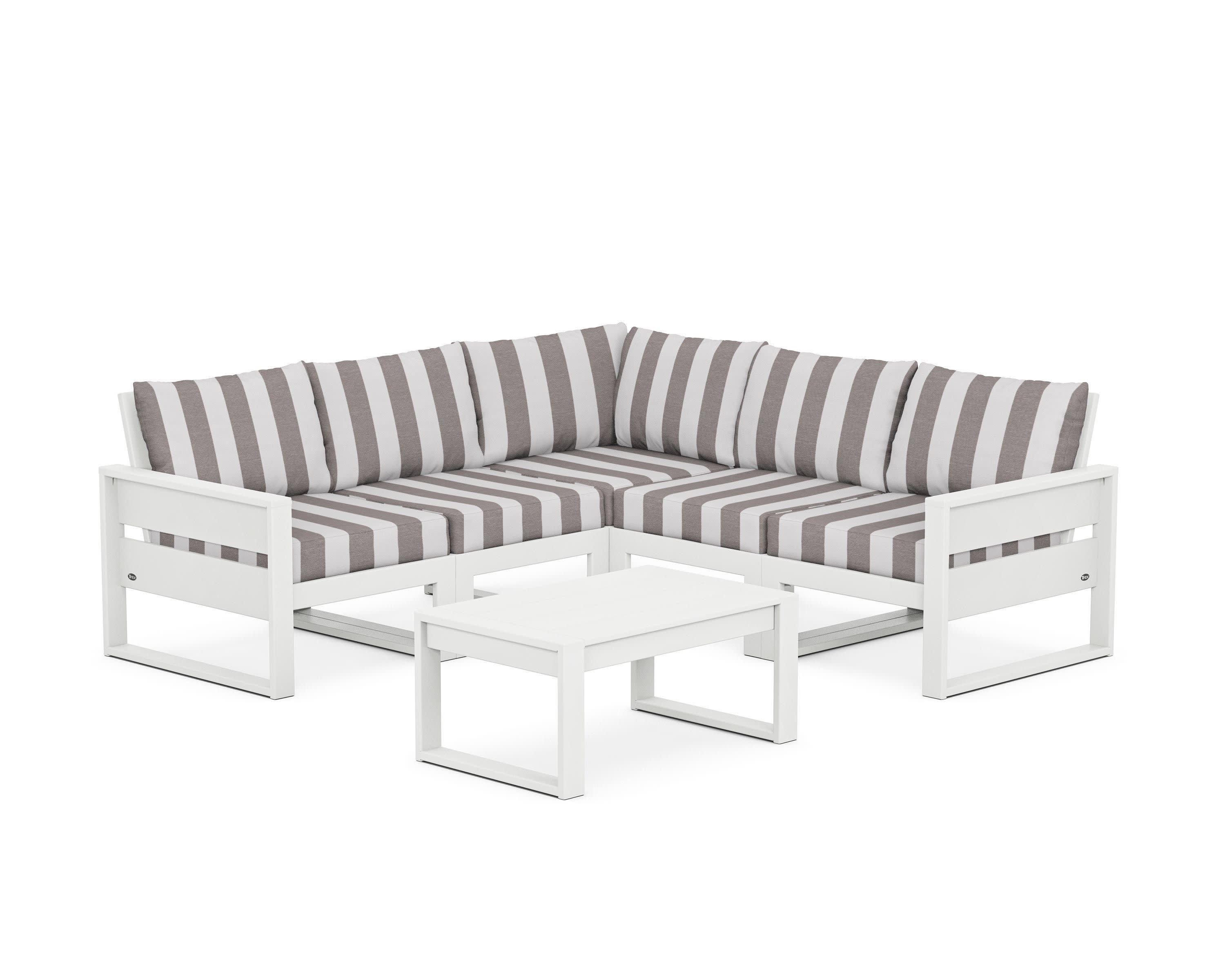 Eastport 6-Piece Deep Seating Sectional + Coffee Table Set in Classic White / Cabana Stripe Grey Mist