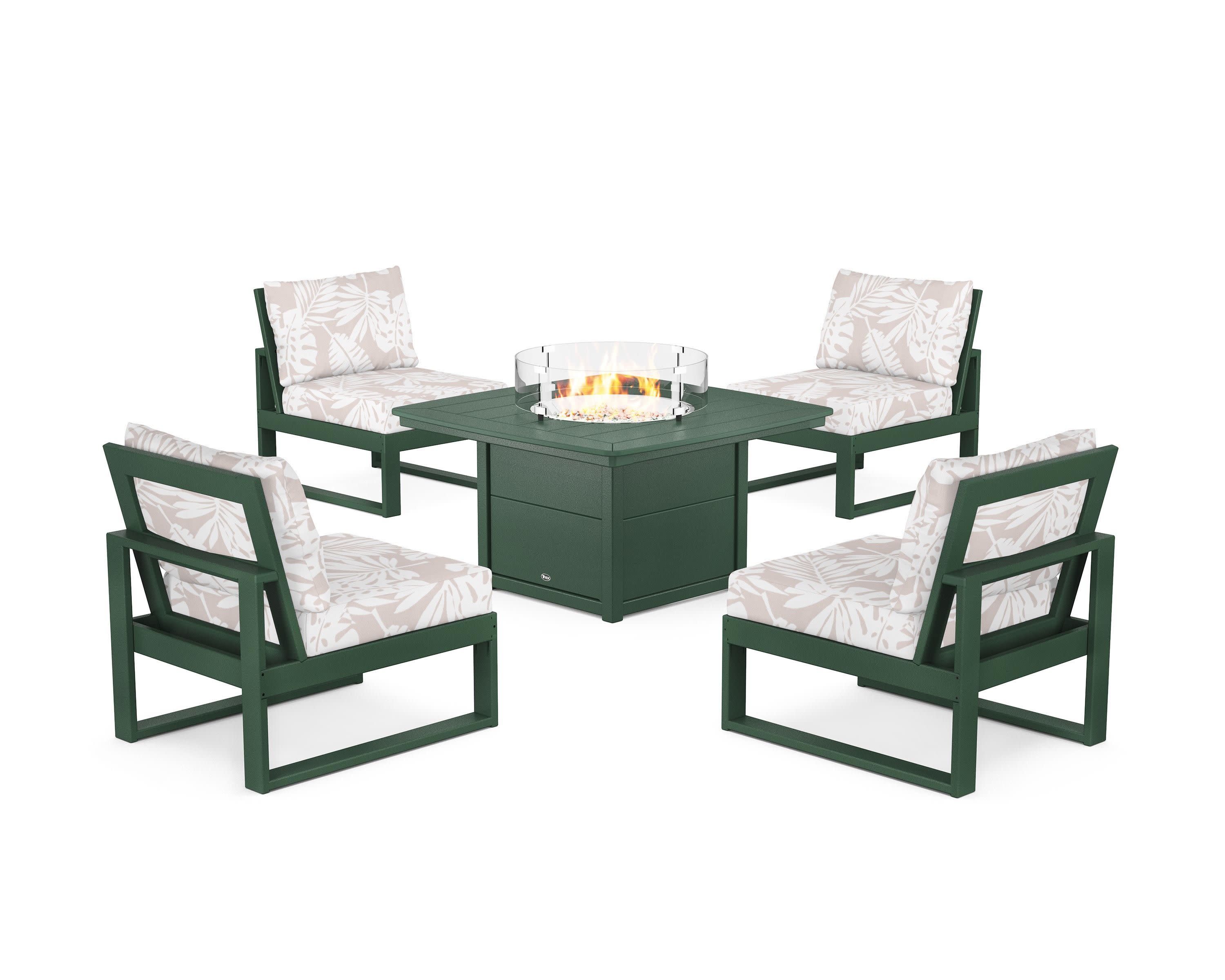 Eastport Modular 5-Piece Deep Seating Set with Yacht Club Fire Pit Table in Rainforest Canopy / Leaf Dune Burlap