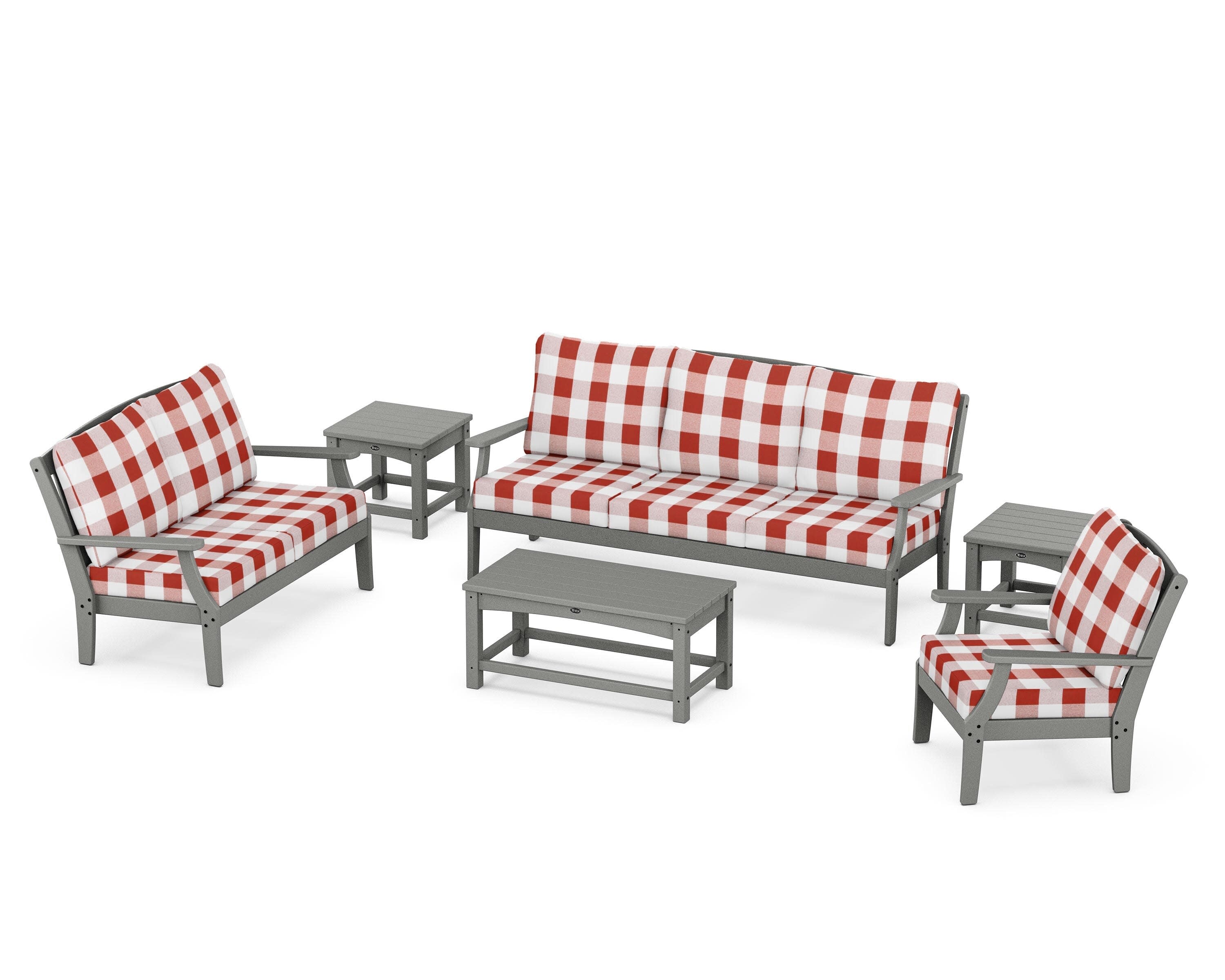 Yacht Club 6-Piece Deep Seating Set in Stepping Stone / Buffalo Plaid Crimson