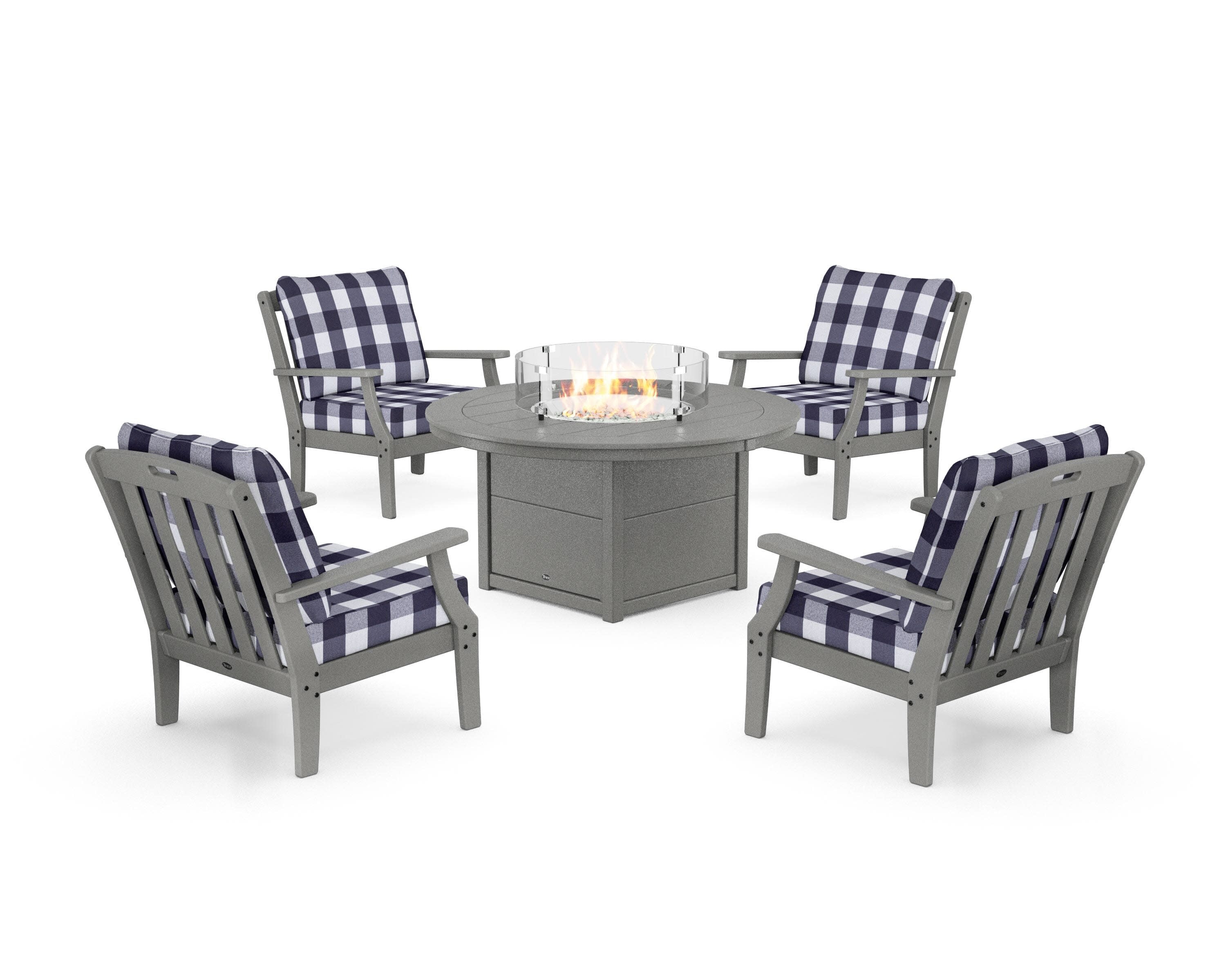 Yacht Club 5-Piece Deep Seating Set with Round Fire Pit Table in Stepping Stone / Buffalo Plaid Navy