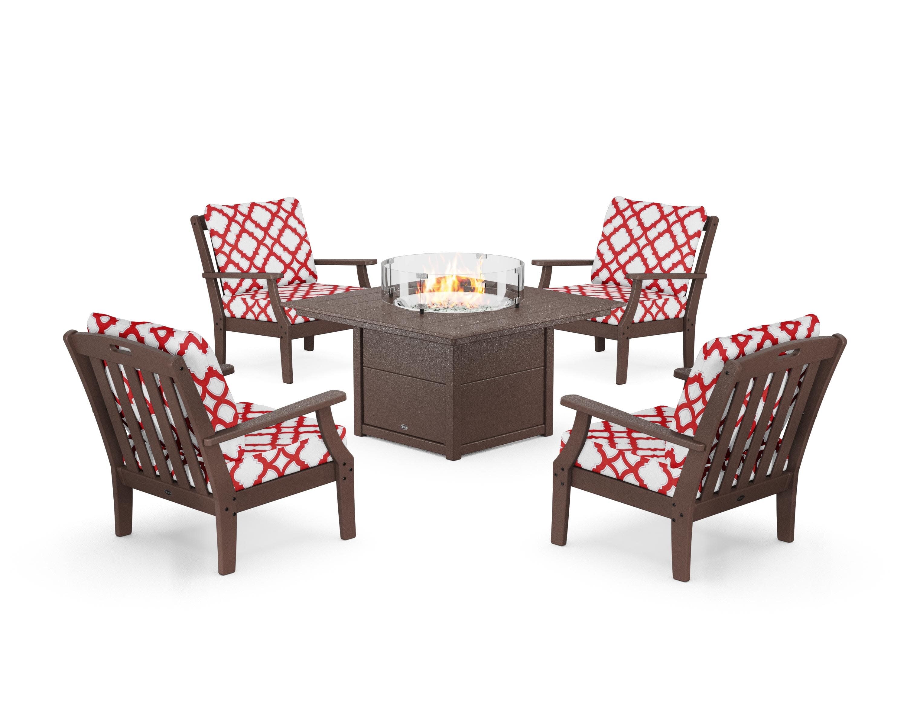 Yacht Club 5-Piece Deep Seating Set with Square Fire Pit Table in Vintage Lantern / Trellis Crimson