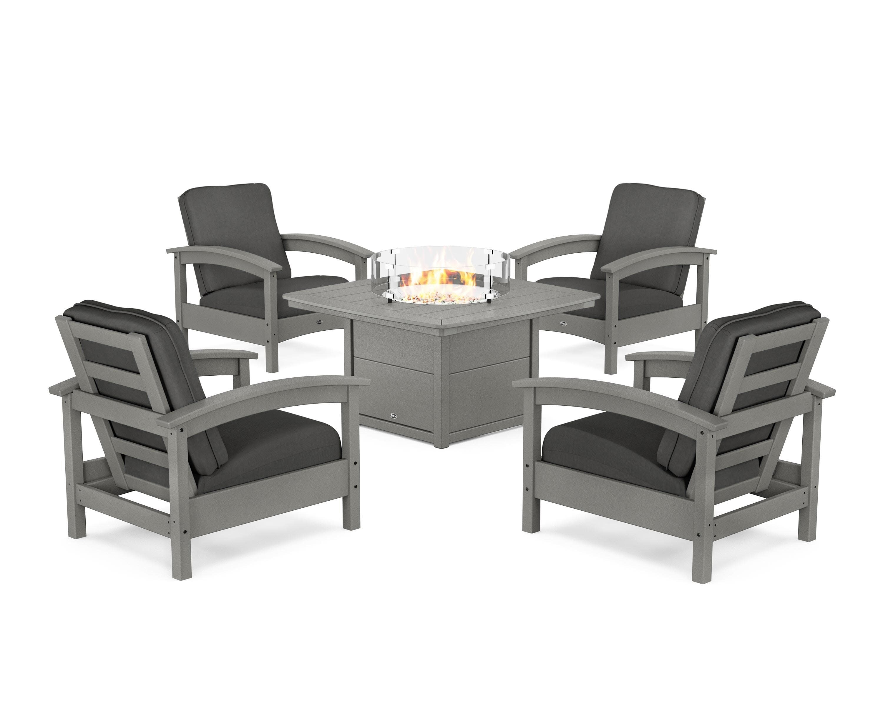 Rockport 5-Piece Deep Seating Set with Yacht Club Fire Pit Table in Stepping Stone / Spectrum Carbon