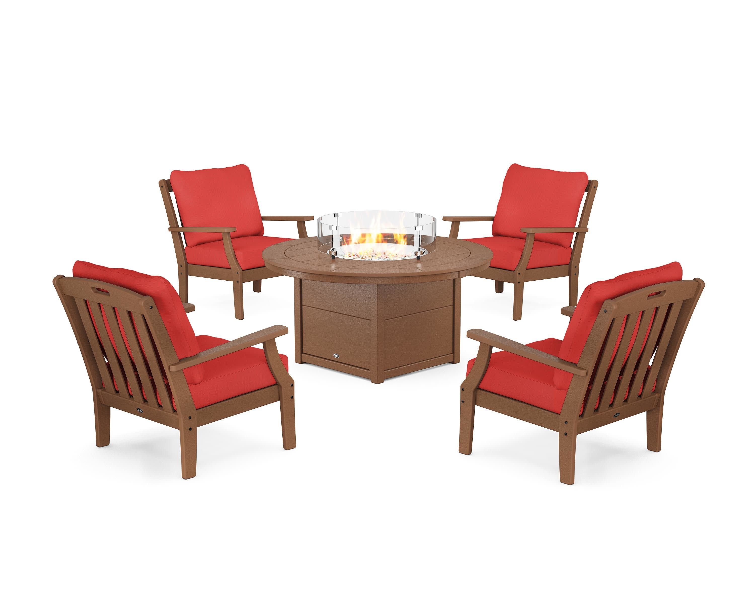 Yacht Club 5-Piece Deep Seating Set with Round Fire Pit Table in Tree House / Crimson Linen