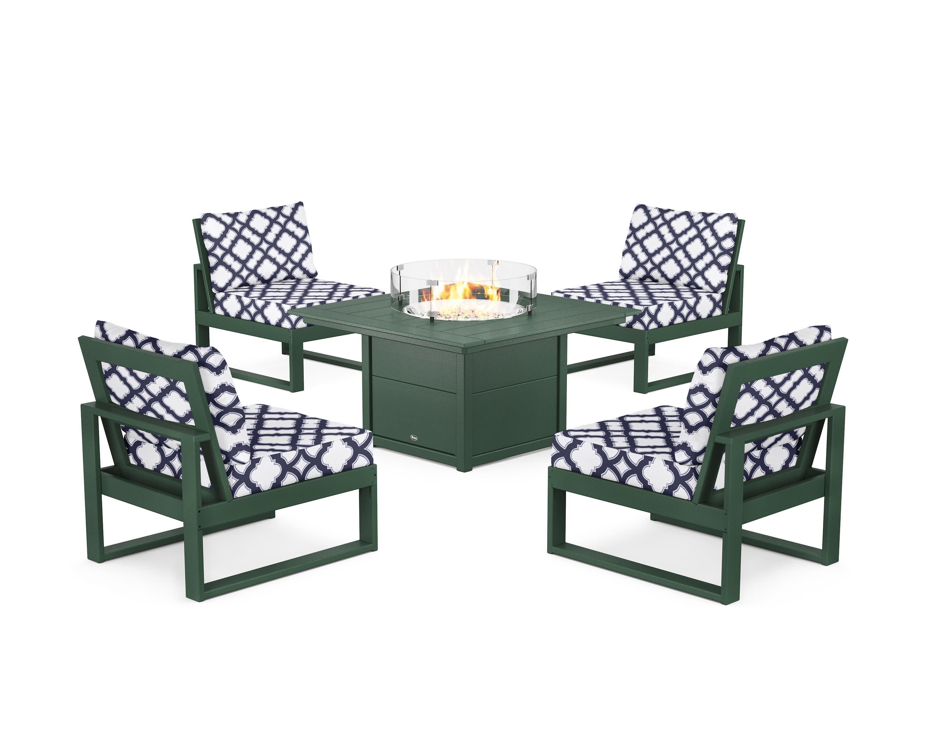 Eastport Modular 5-Piece Deep Seating Set with Square Fire Pit Table in Rainforest Canopy / Trellis Navy