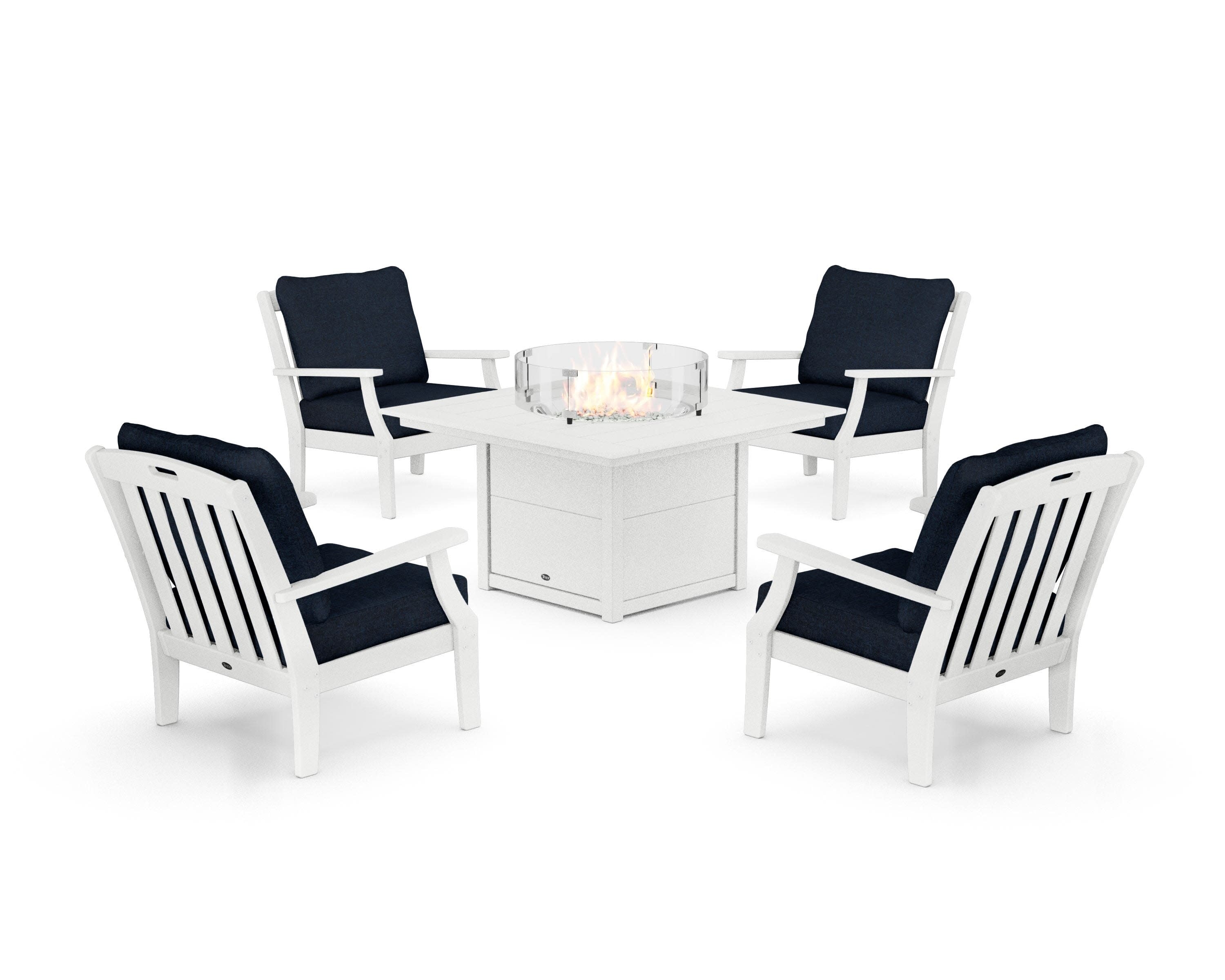 Yacht Club 5-Piece Deep Seating Set with Square Fire Pit Table in Classic White / Marine Indigo