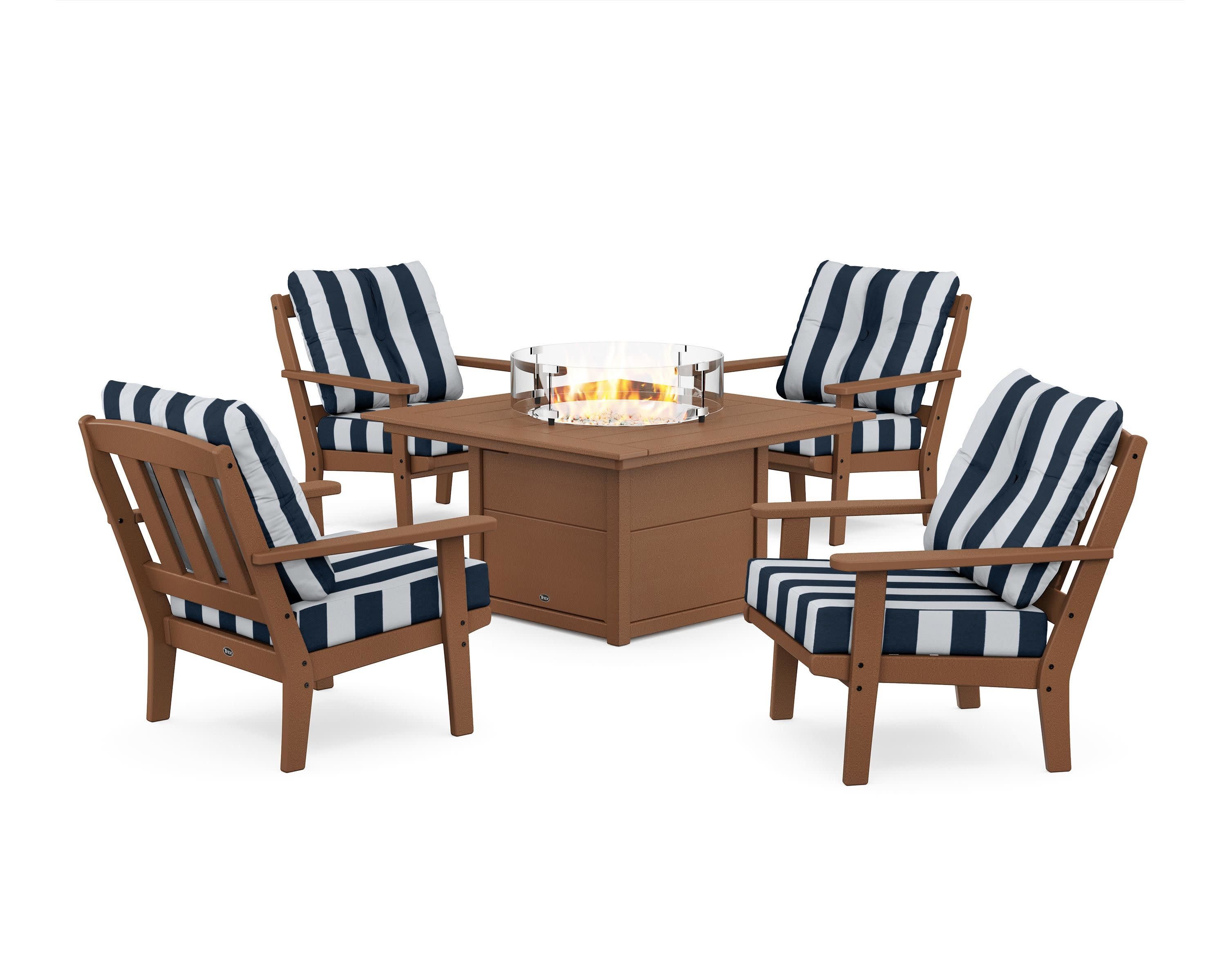 Cape Cod 5-Piece Deep Seating Set with Fire Pit Table in Tree House / Cabana Stripe Marine Indigo