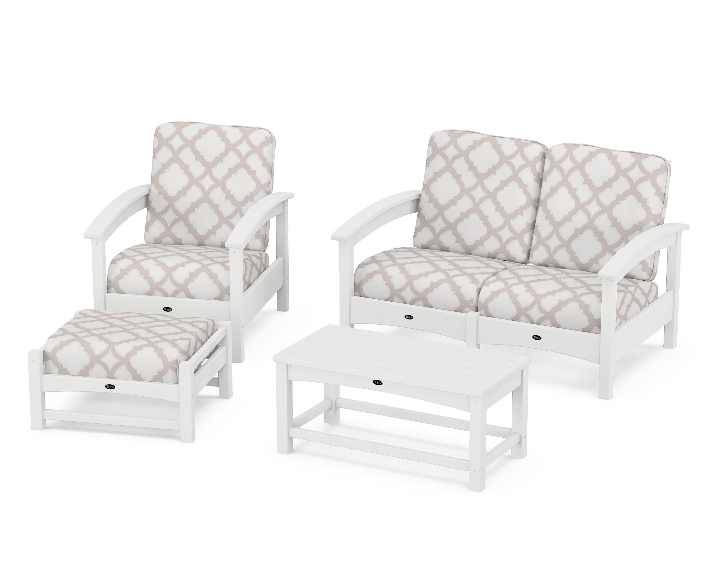 Rockport 4-Piece Deep Seating Conversation Group in Classic White / Trellis Dune Burlap