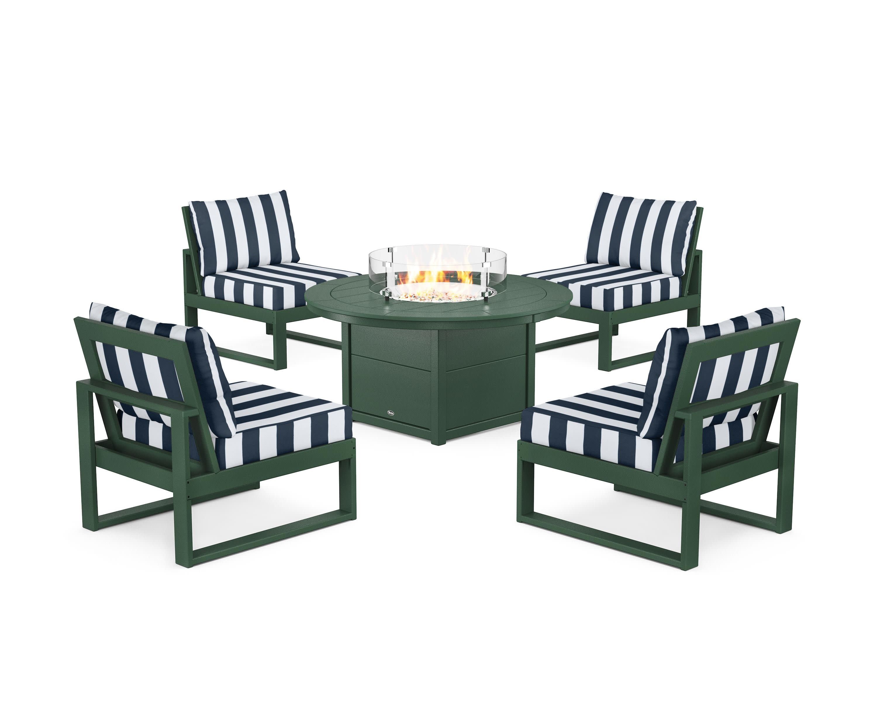 Eastport Modular 5-Piece Deep Seating Set with Round Fire Pit Table in Rainforest Canopy / Cabana Stripe Marine Indigo