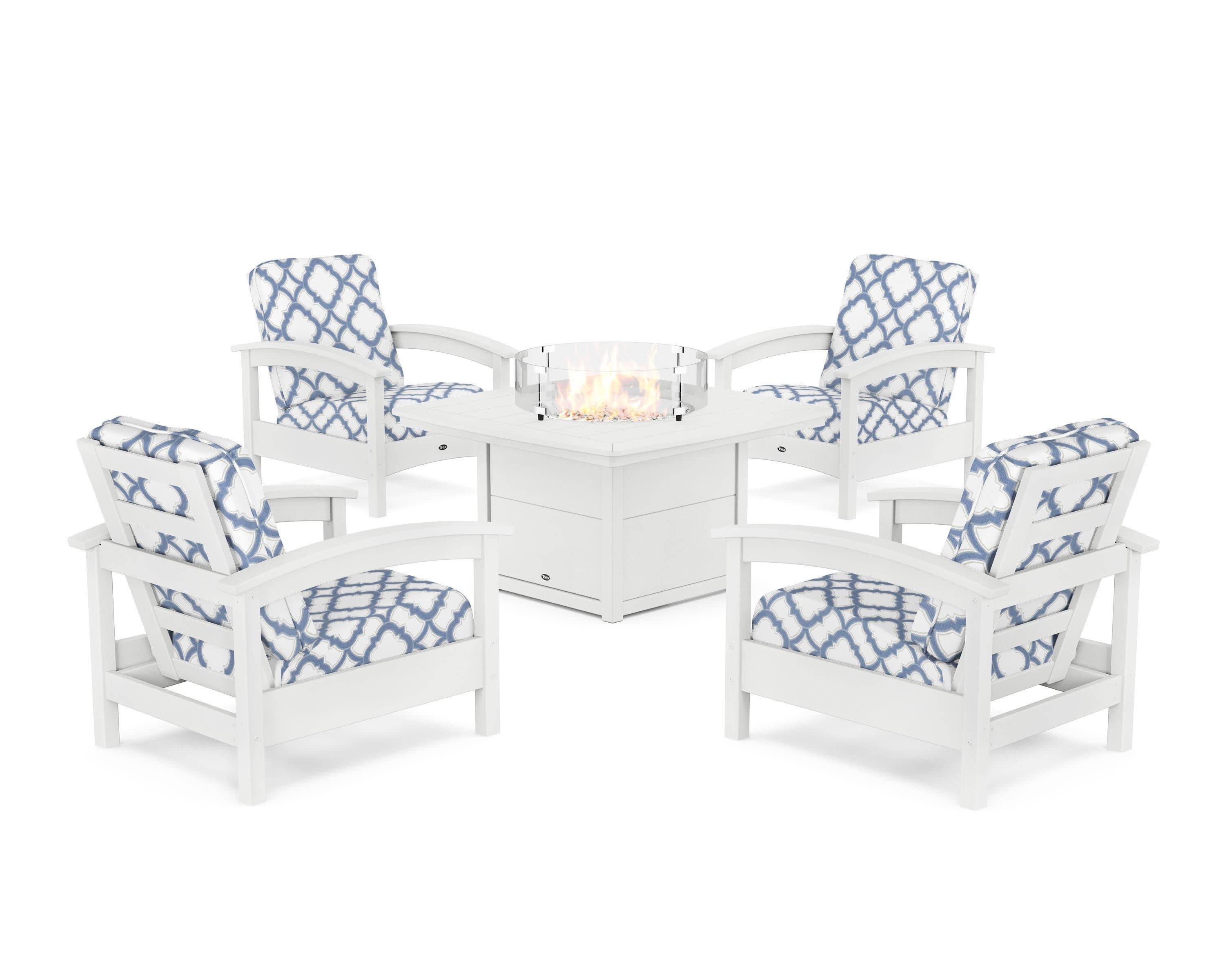 Rockport 5-Piece Deep Seating Set with Yacht Club Fire Pit Table in Classic White / Trellis Sky Blue