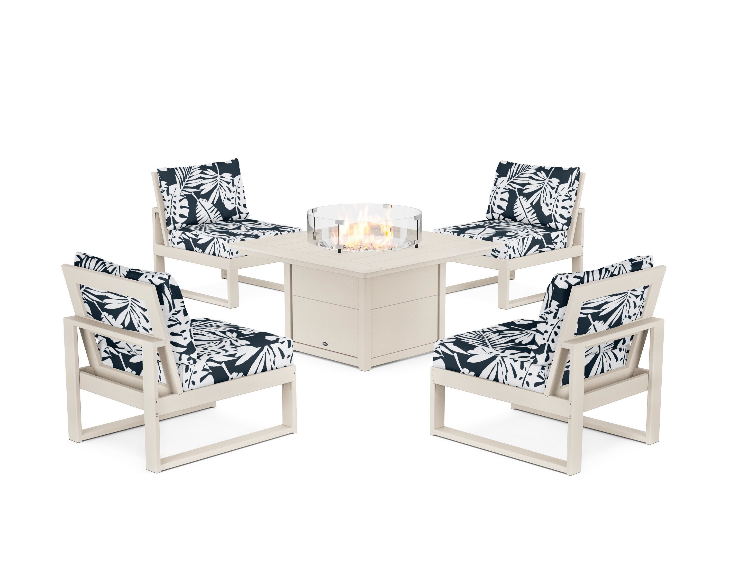 Eastport Modular 5-Piece Deep Seating Set with Square Fire Pit Table in Sand Castle / Leaf Marine Indigo
