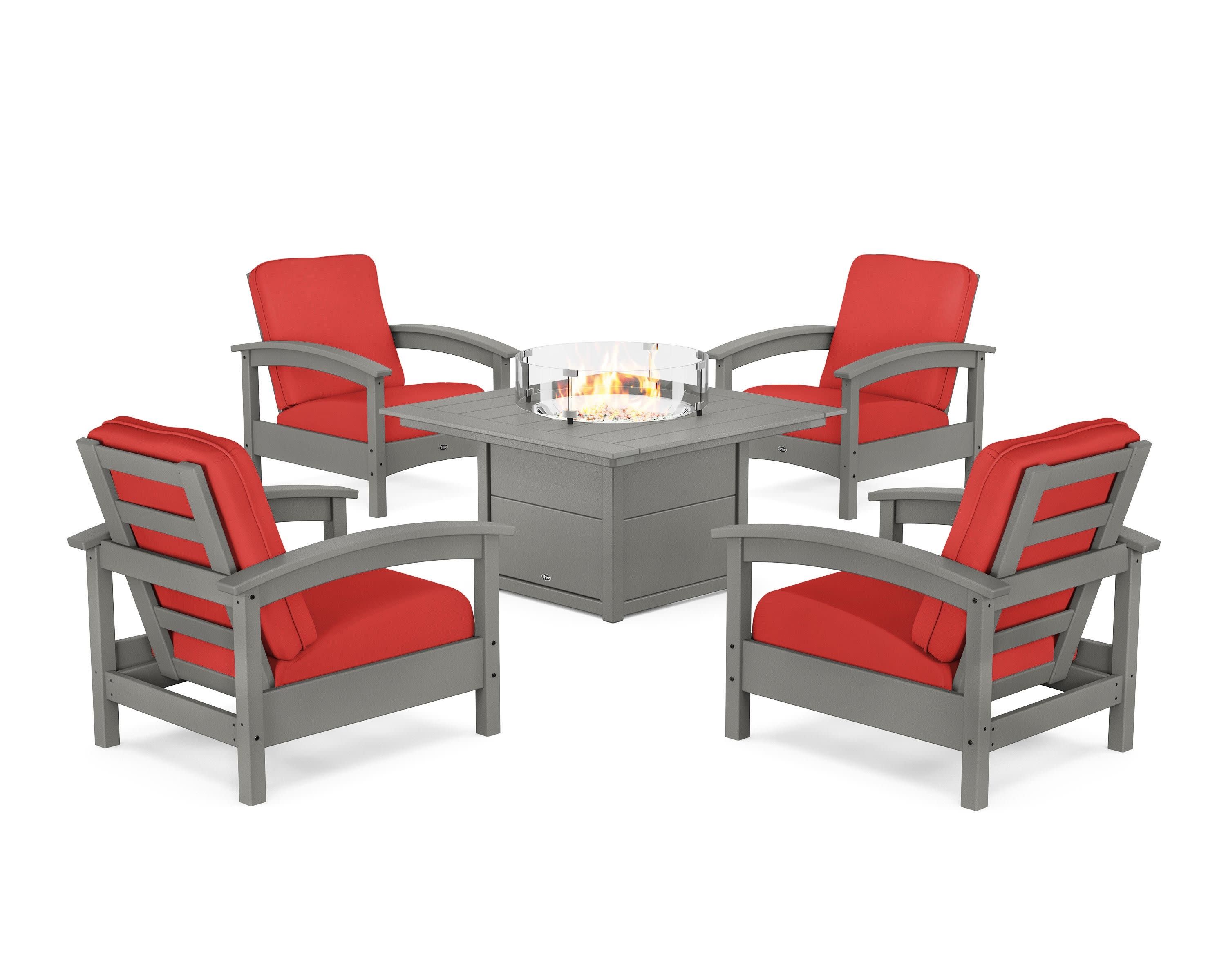 Rockport 5-Piece Deep Seating Set with Square Fire Pit Table in Stepping Stone / Crimson Linen