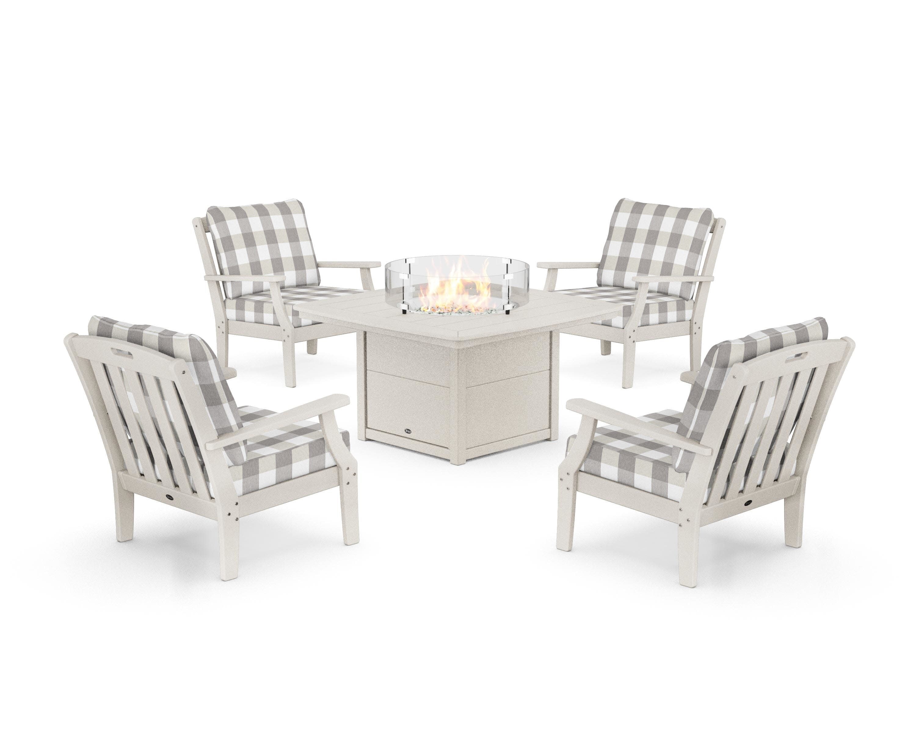 Yacht Club 5-Piece Deep Seating Set with Fire Pit Table in Sand Castle / Buffalo Plaid Grey Mist