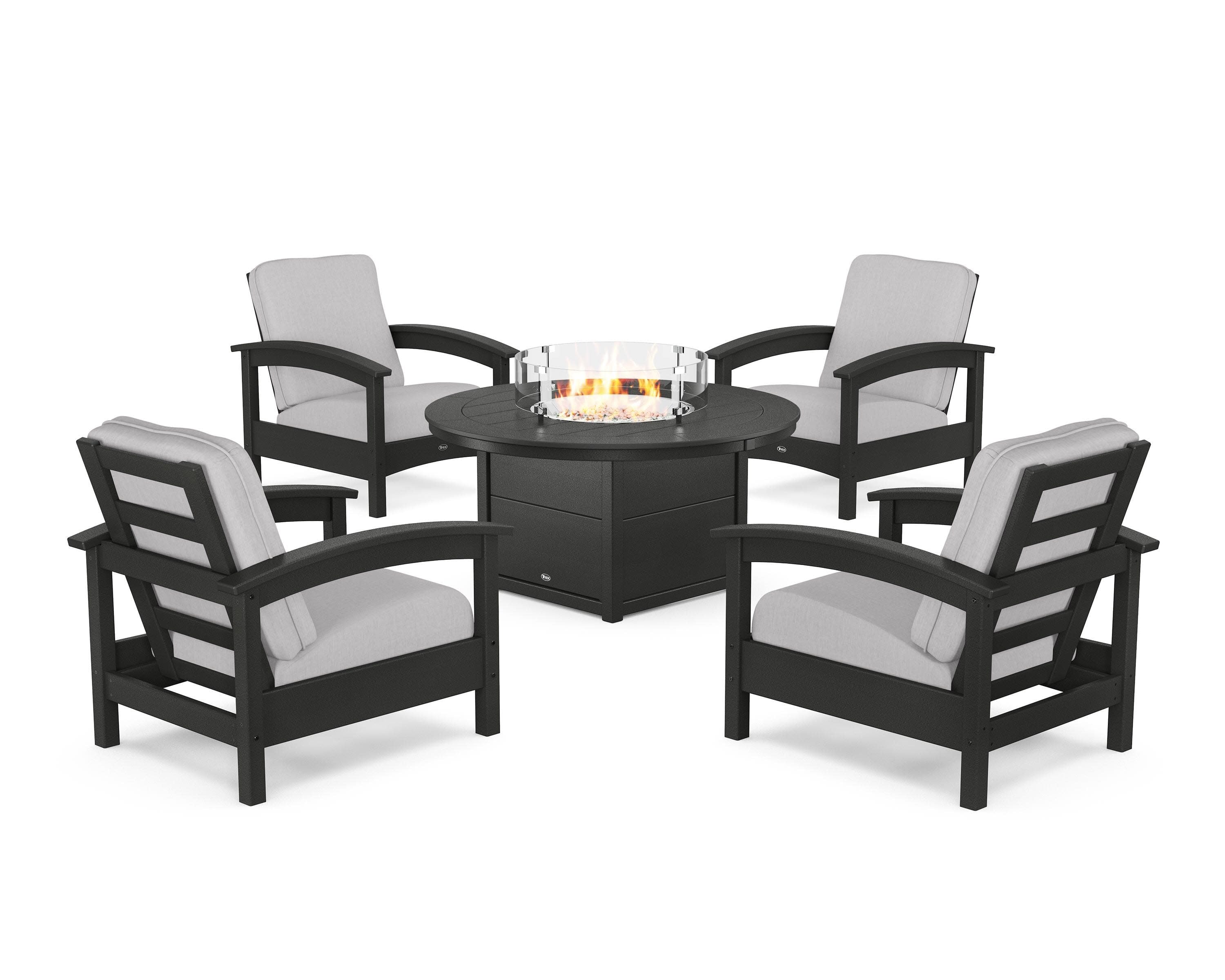Rockport 5-Piece Deep Seating Set with Round Fire Pit Table in Charcoal Black / Granite