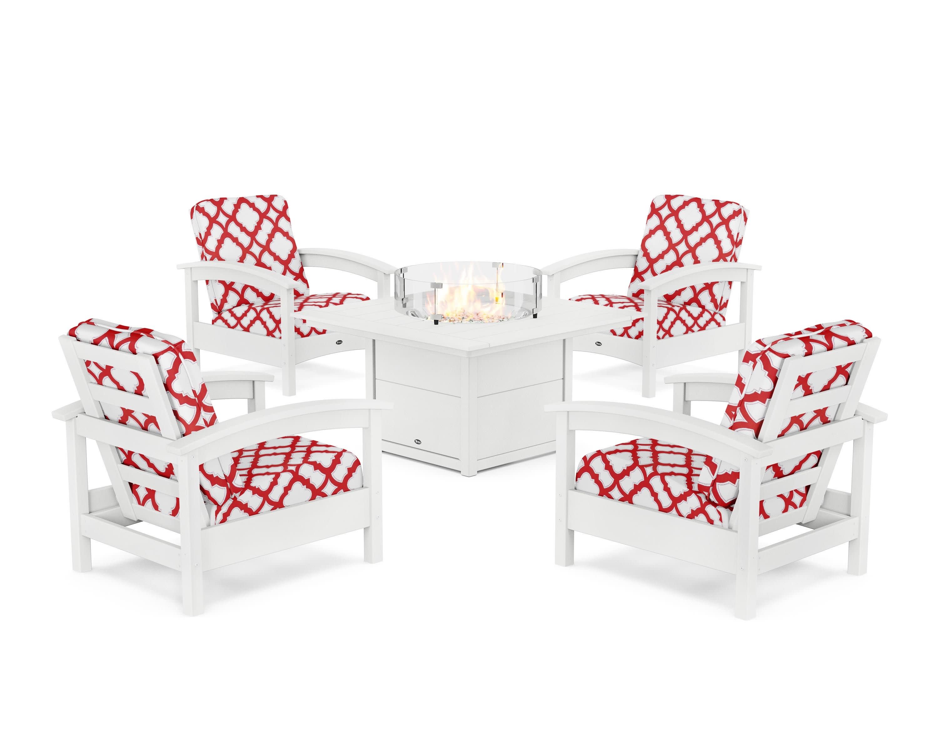 Rockport 5-Piece Deep Seating Set with Square Fire Pit Table in Classic White / Trellis Crimson