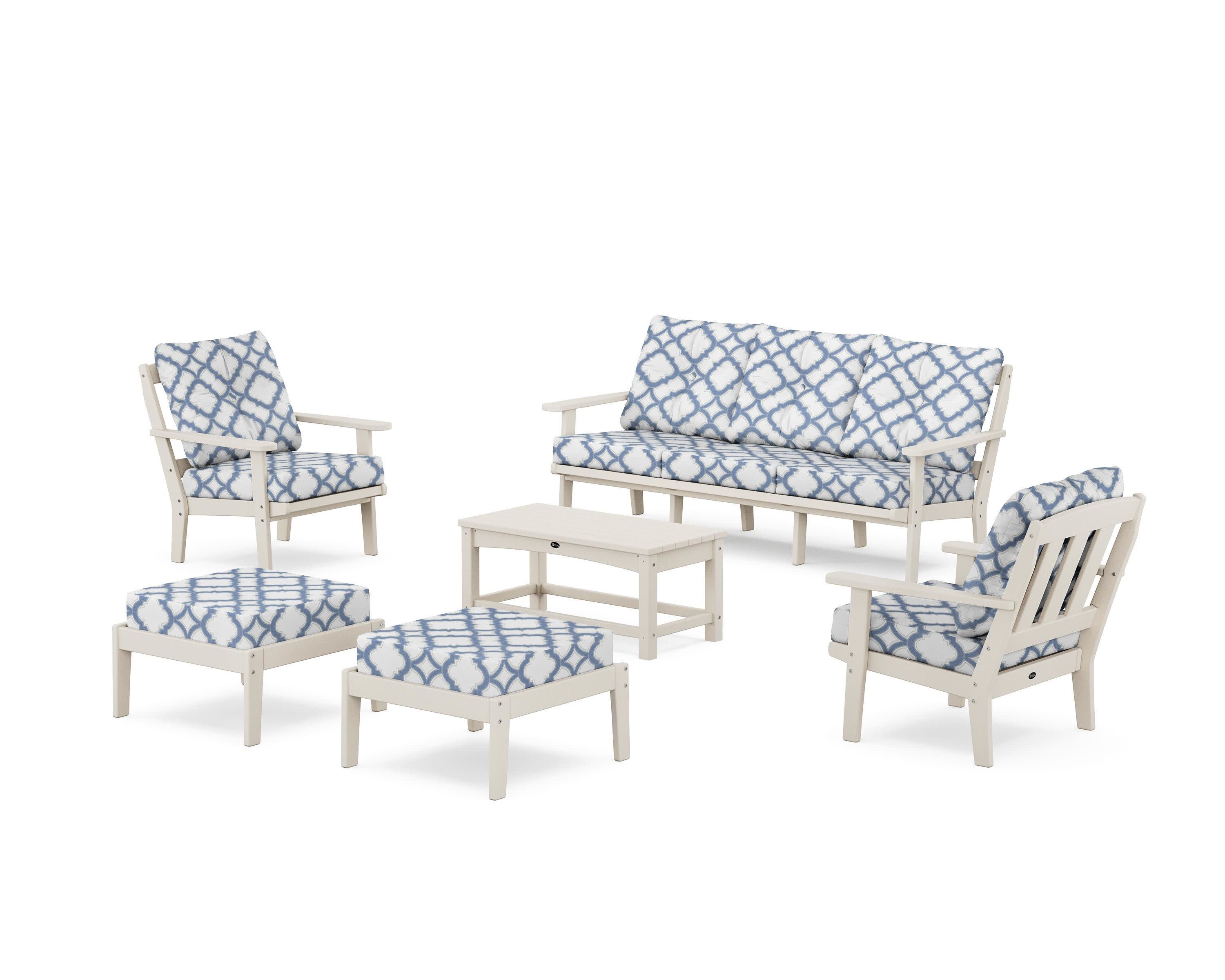 Cape Cod 6-Piece Lounge Sofa Set in Sand Castle / Trellis Sky Blue