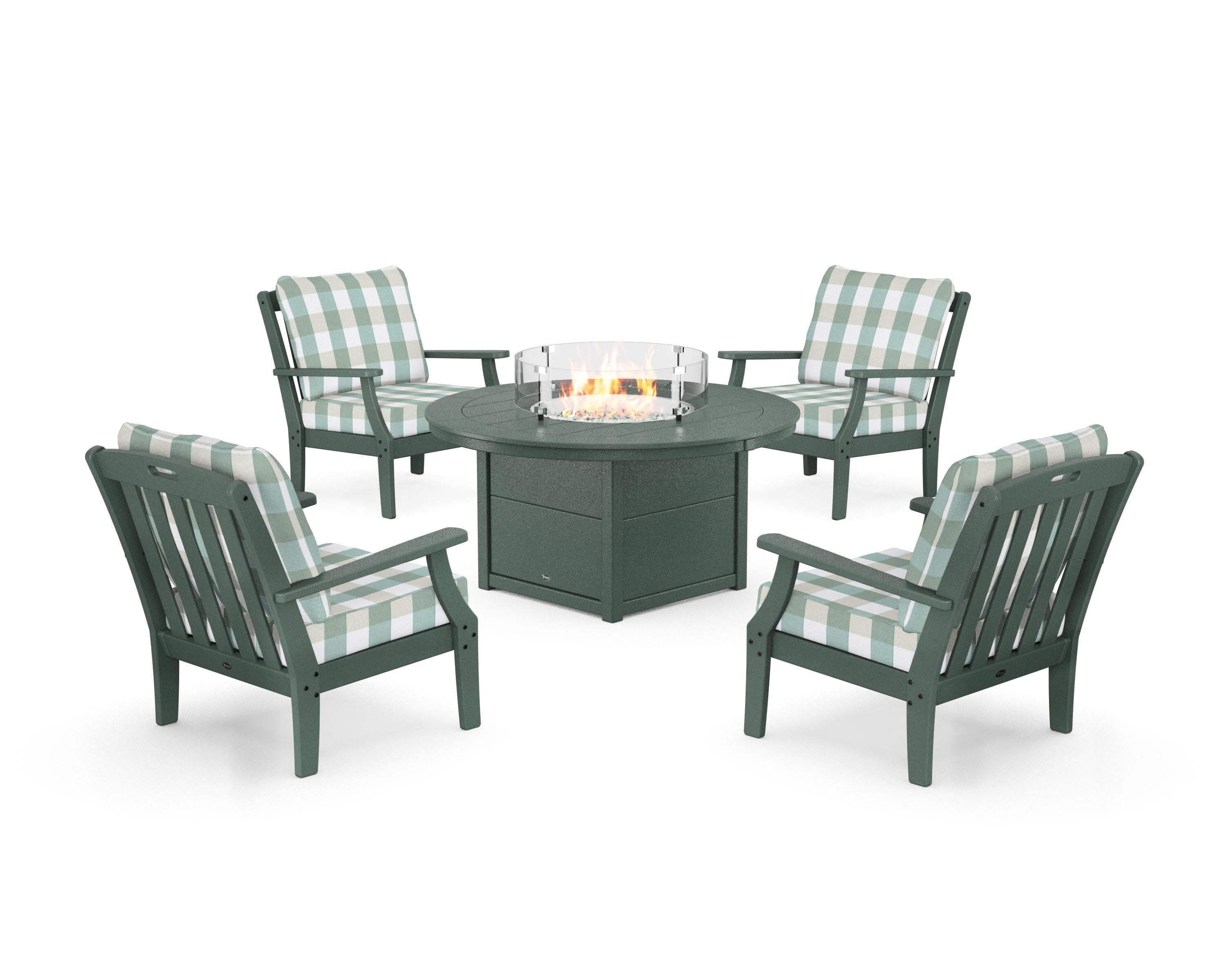 Yacht Club 5-Piece Deep Seating Set with Round Fire Pit Table in Rainforest Canopy / Buffalo Plaid Glacier Spa