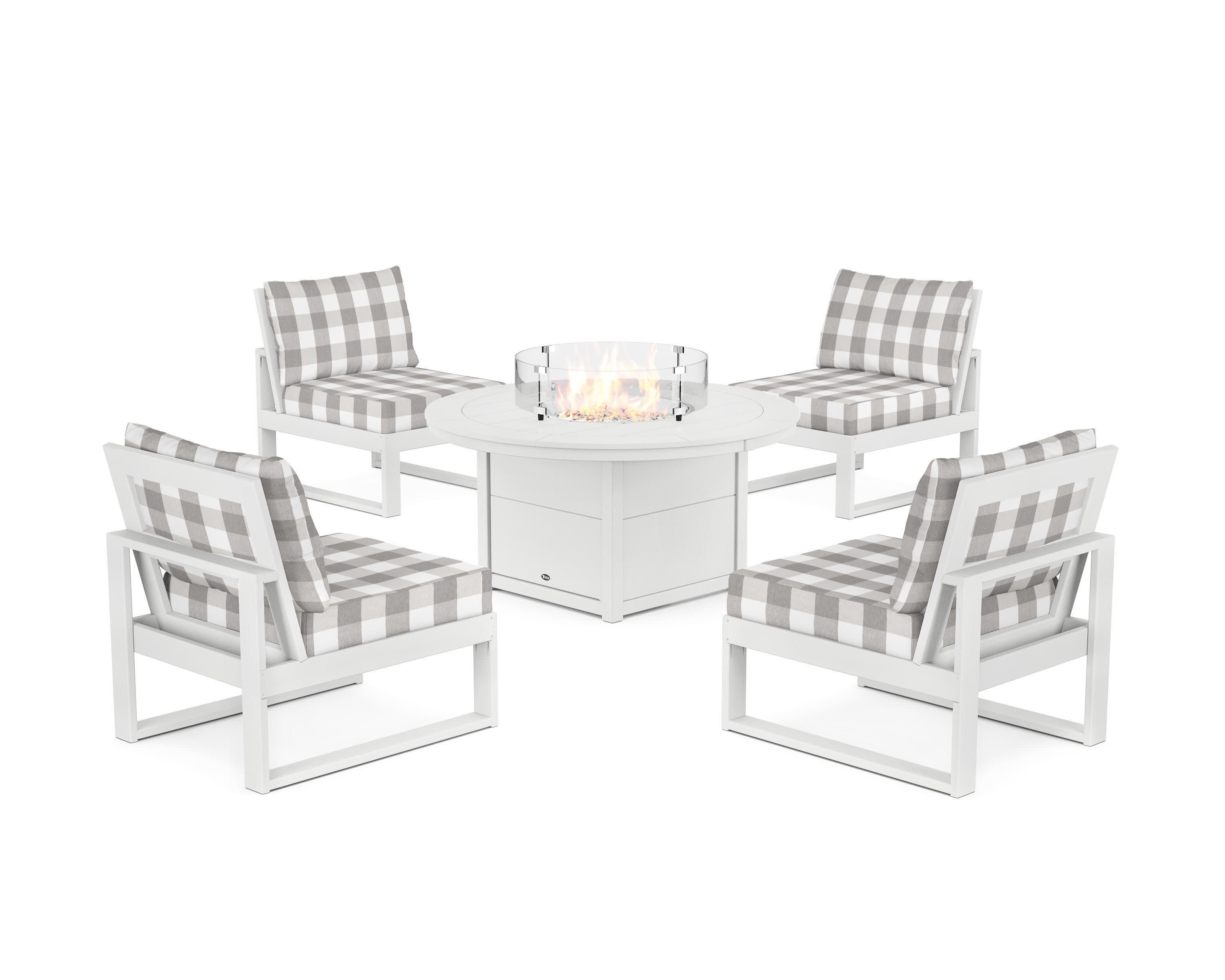 Eastport Modular 5-Piece Deep Seating Set with Round Fire Pit Table in Classic White / Buffalo Plaid Grey Mist