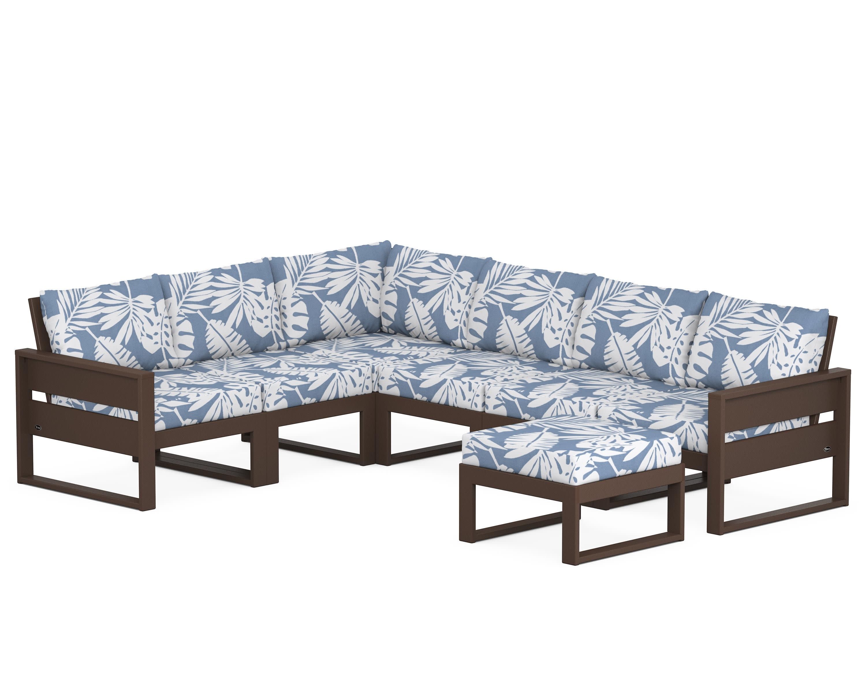 Eastport 6-Piece Sectional with Ottoman in Vintage Lantern / Leaf Sky Blue