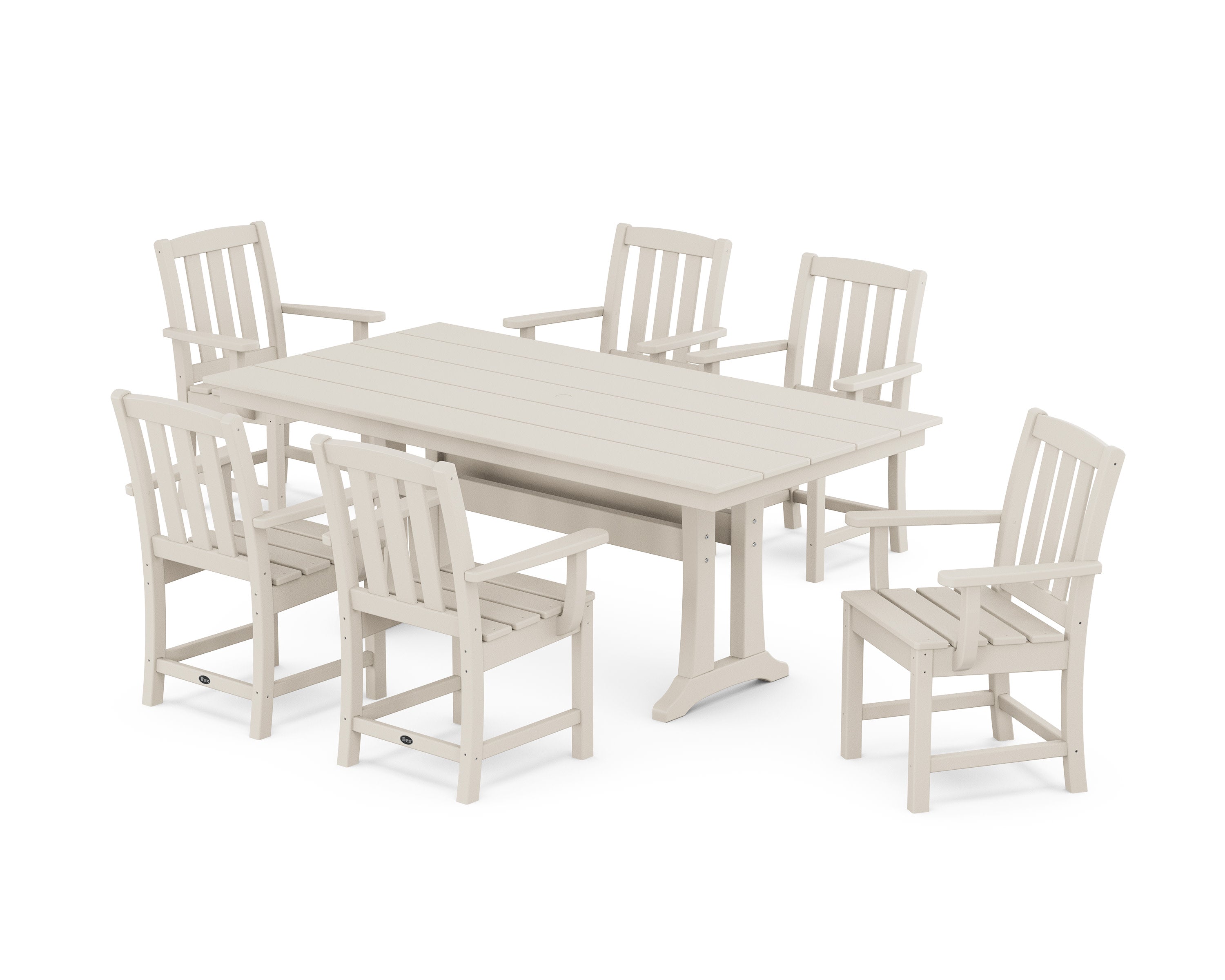Cape Cod Arm Chair 7-Piece Farmhouse Dining Set with Trestle Legs in Sand Castle