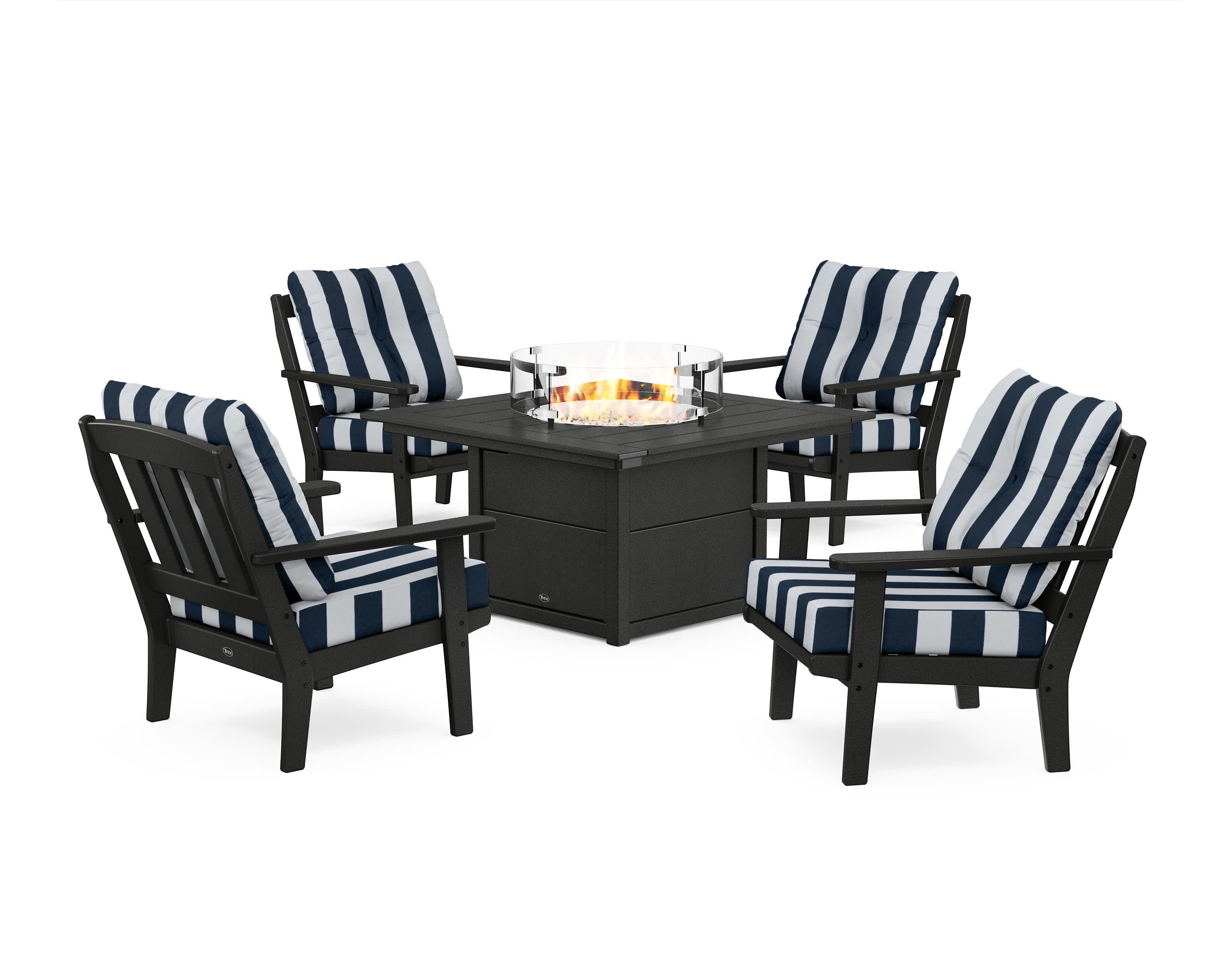 Cape Cod 5-Piece Deep Seating Set with Fire Pit Table in Charcoal Black / Cabana Stripe Marine Indigo