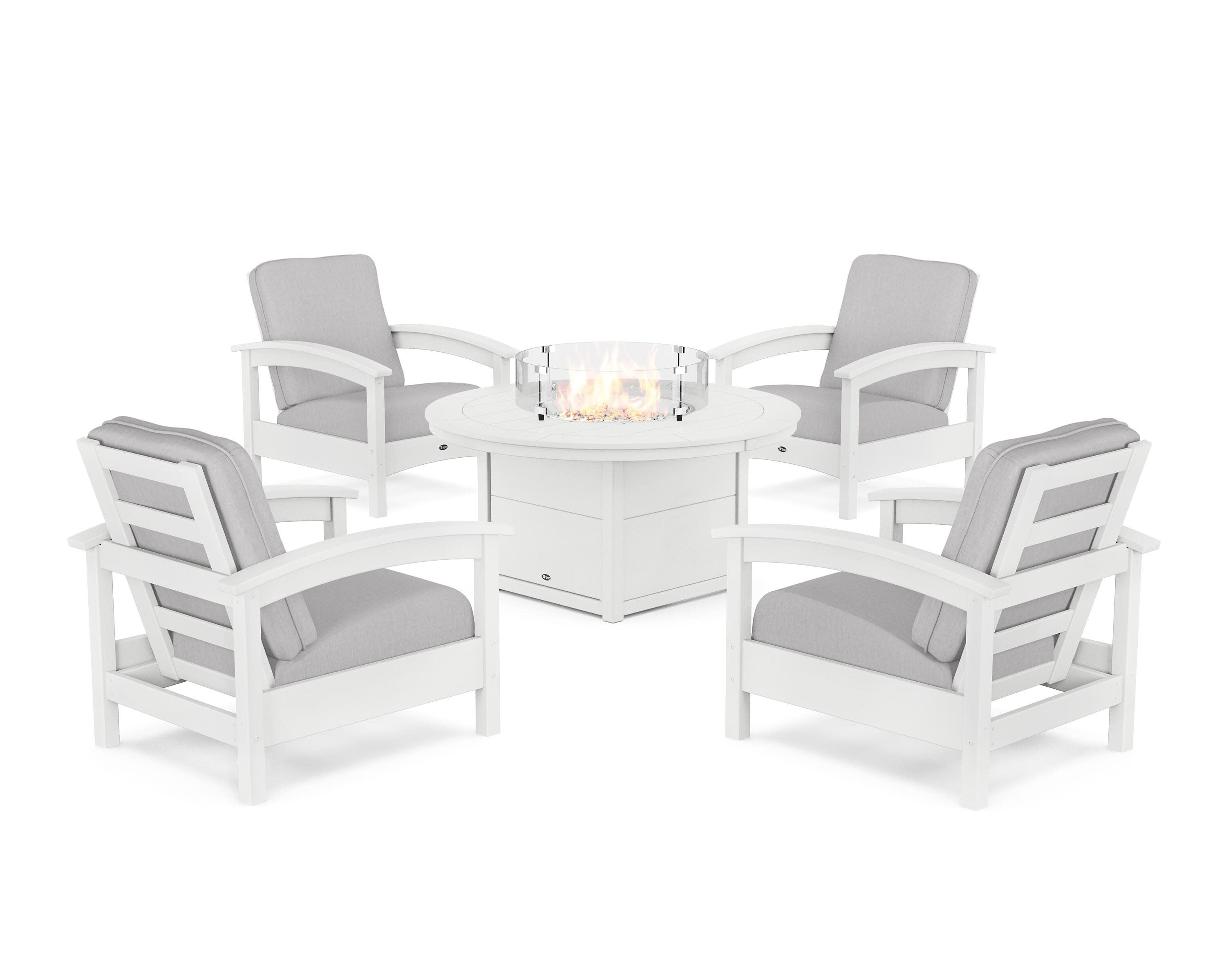 Rockport 5-Piece Deep Seating Set with Round Fire Pit Table in Classic White / Granite